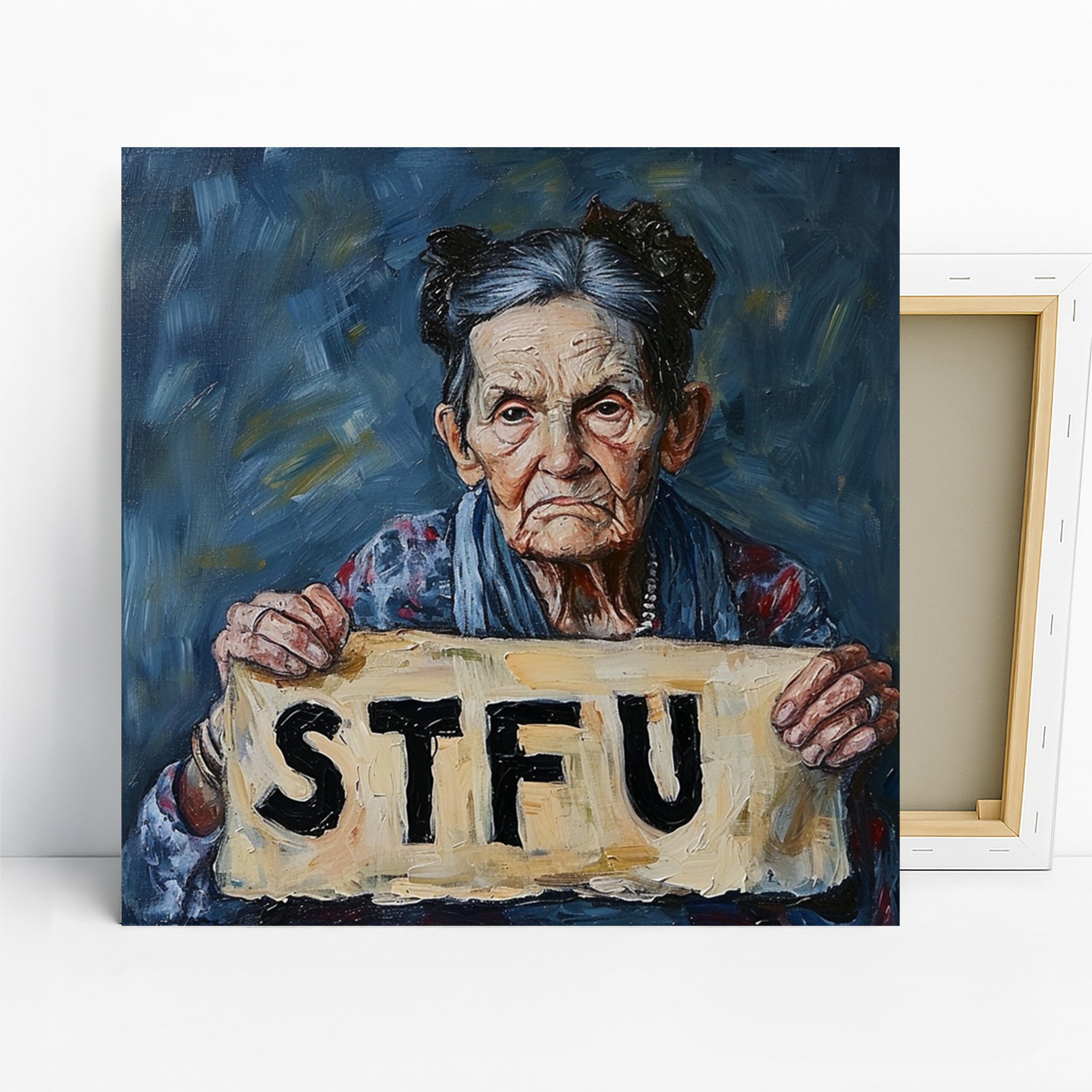 Elderly Portrait Art, Canvas or Poster, Contemporary Minimalist Decor, Living Room Office Bedroom Hallway Wall Art, Blue Black White Red