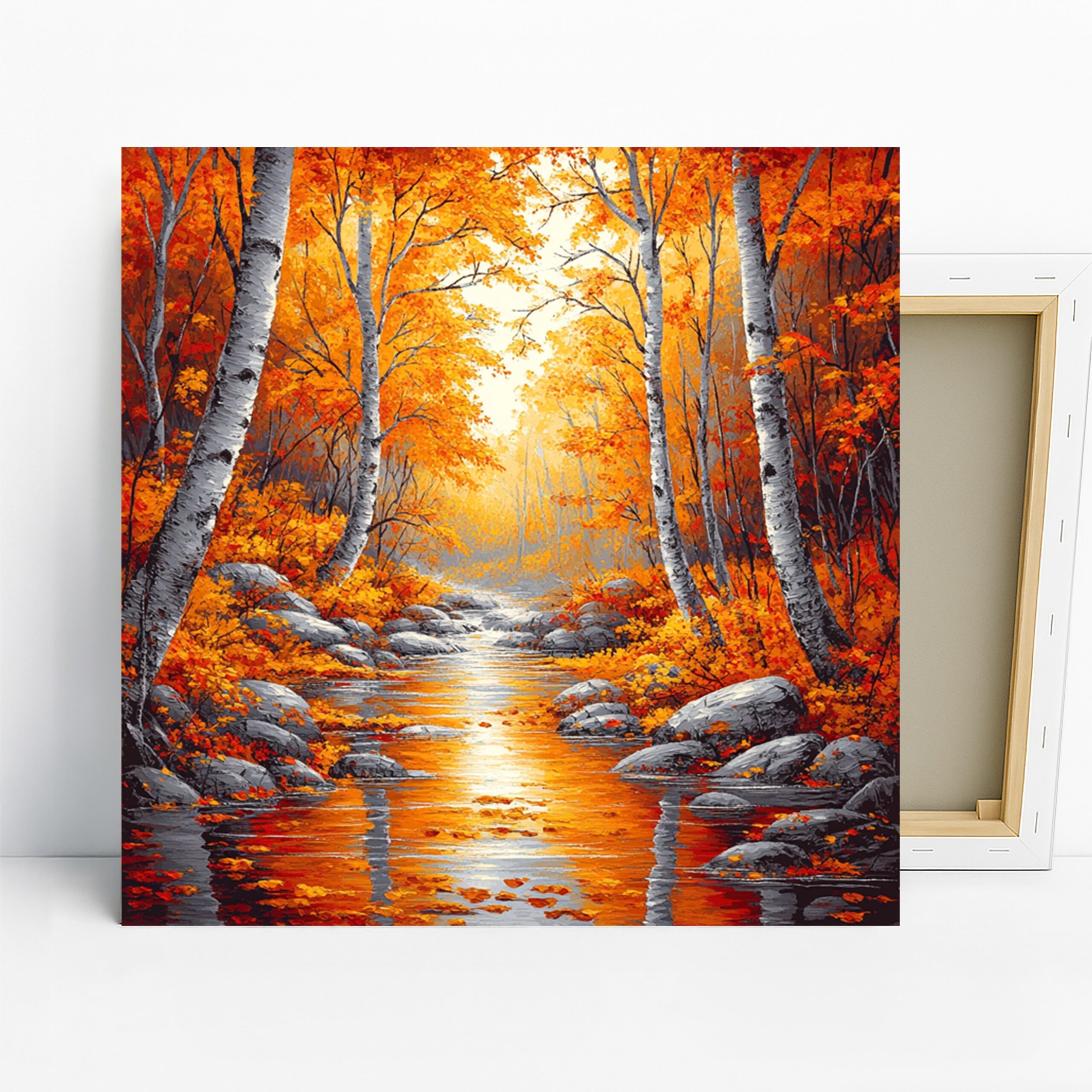 Autumn Stream Art, Canvas or Poster, Nature Rustic Decor, Living Room Bedroom Office Wall Art, Orange Yellow Red and White