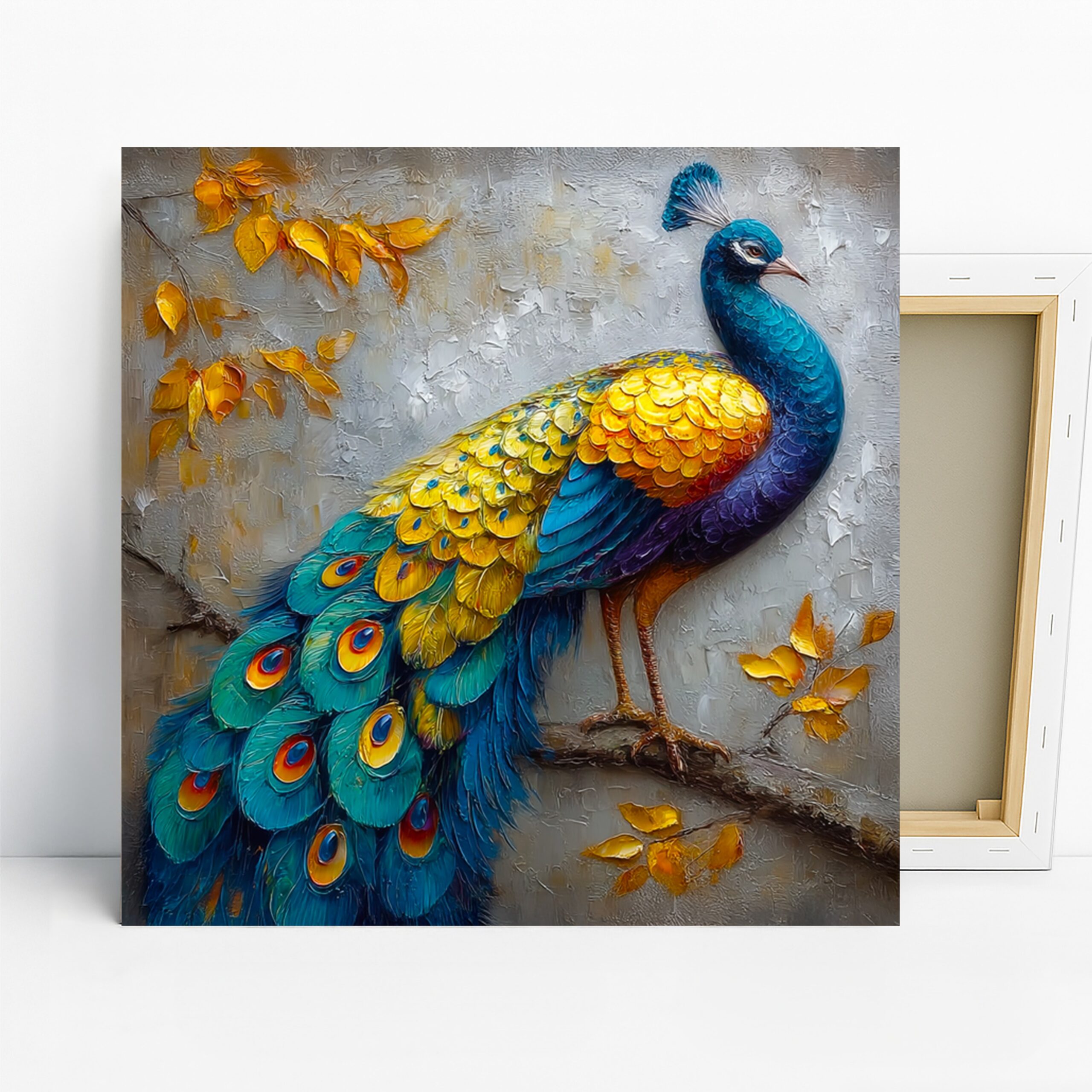 Peacock Art, Canvas or Poster, Nature Contemporary Decor, Living Room Bedroom Dining Room Wall Art, Blue Yellow Gold Turquoise