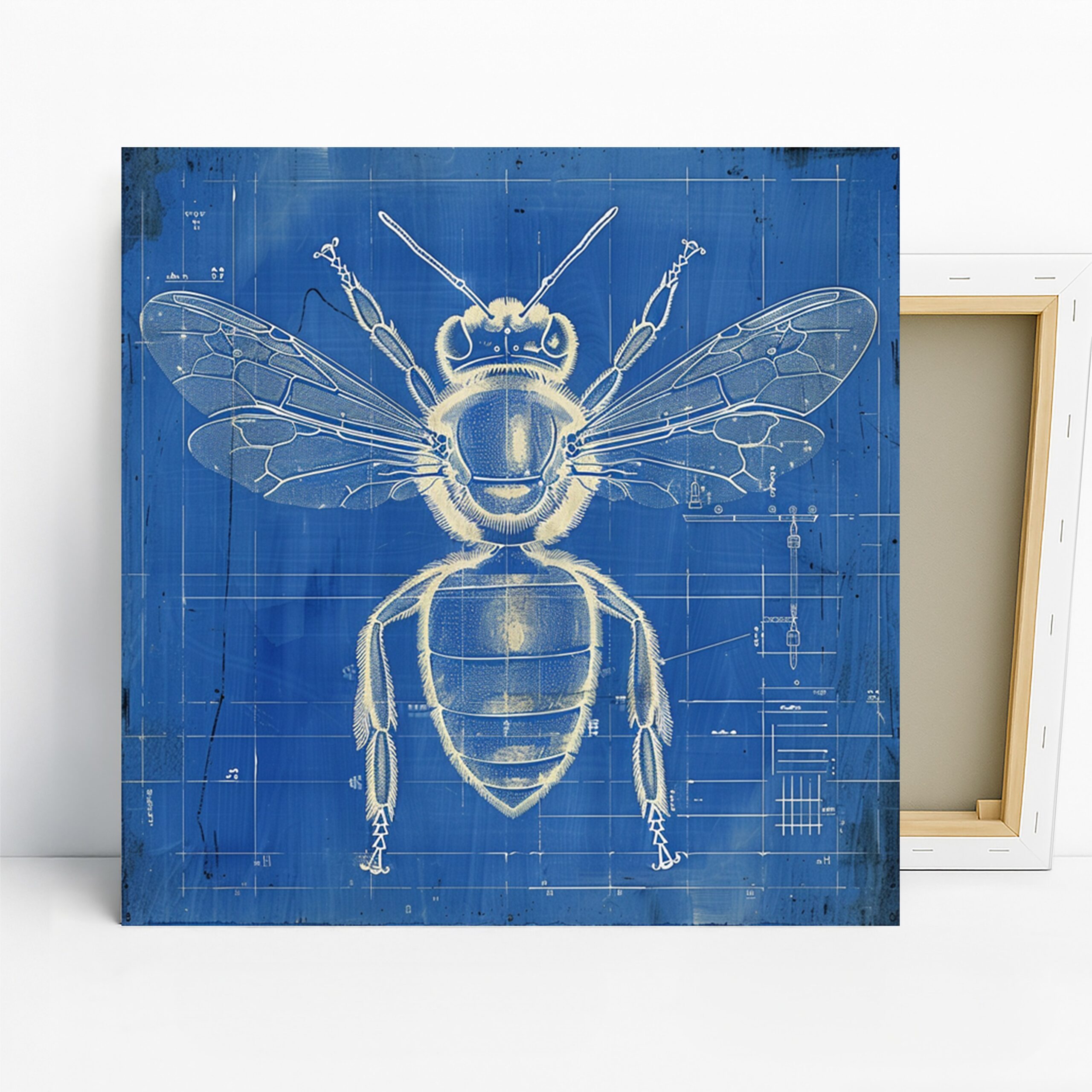 Bee Art, Canvas or Poster, Contemporary Minimalist Decor, Office Living Room Study Wall Art, Blue White Yellow, Scientific Nature Gift