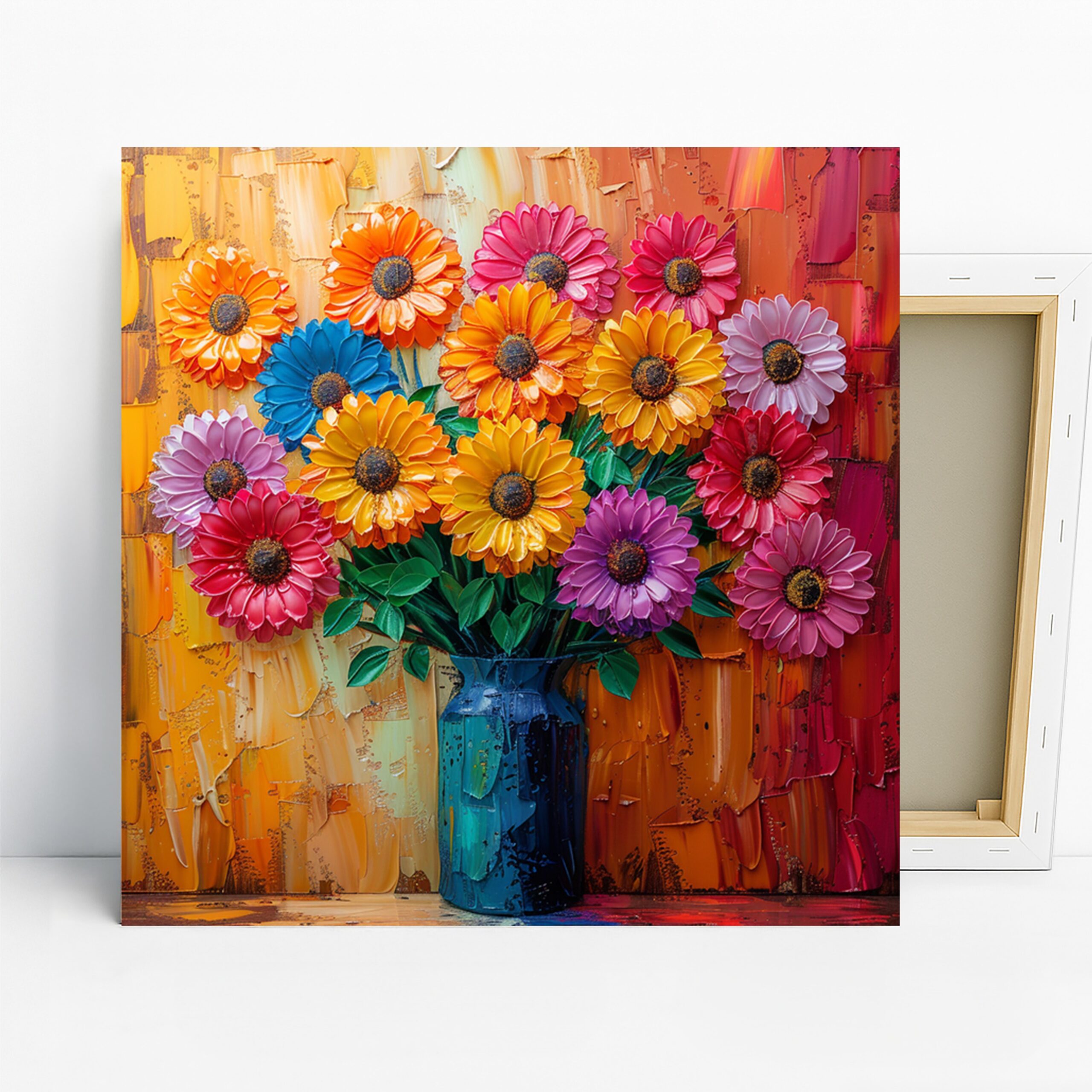 Gerbera Bouquet Art, Canvas or Poster, Floral Contemporary Decor, Living Room Bedroom Dining Room Wall Art, Multicolor Orange Pink Blue