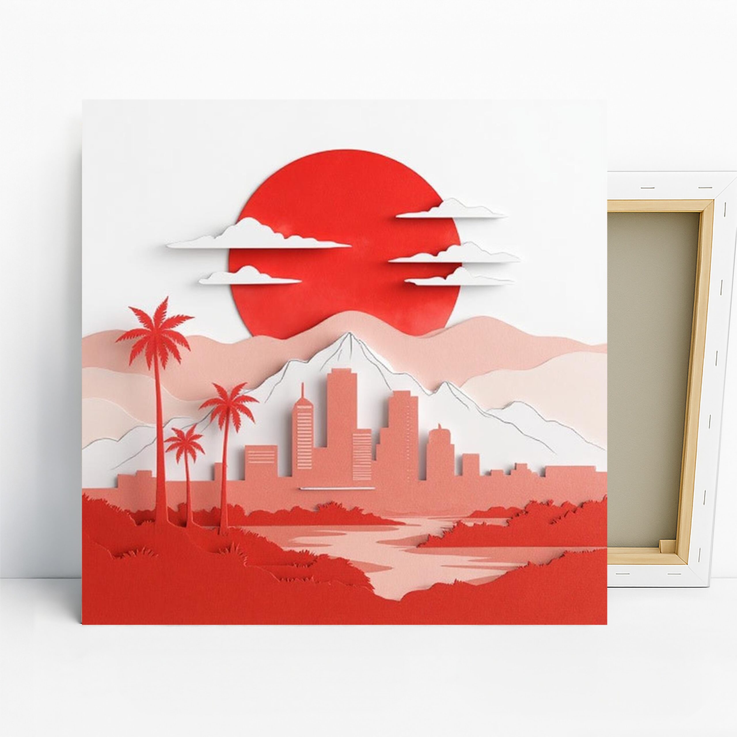 Retro Sunset City Art, Canvas or Poster, Contemporary Minimalism Decor, Living Room Office Bedroom Wall Art, Red Pink White Colors