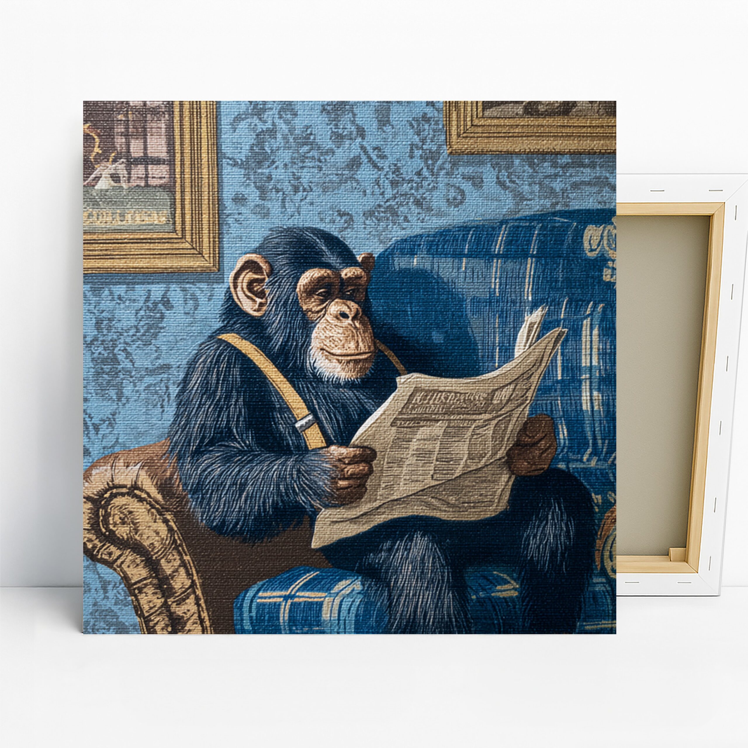 Chimpanzee Art, Canvas or Poster, Whimsical Vintage Decor, Office Library Living Room Wall Art, Blue and Brown, Animal Lover Gift