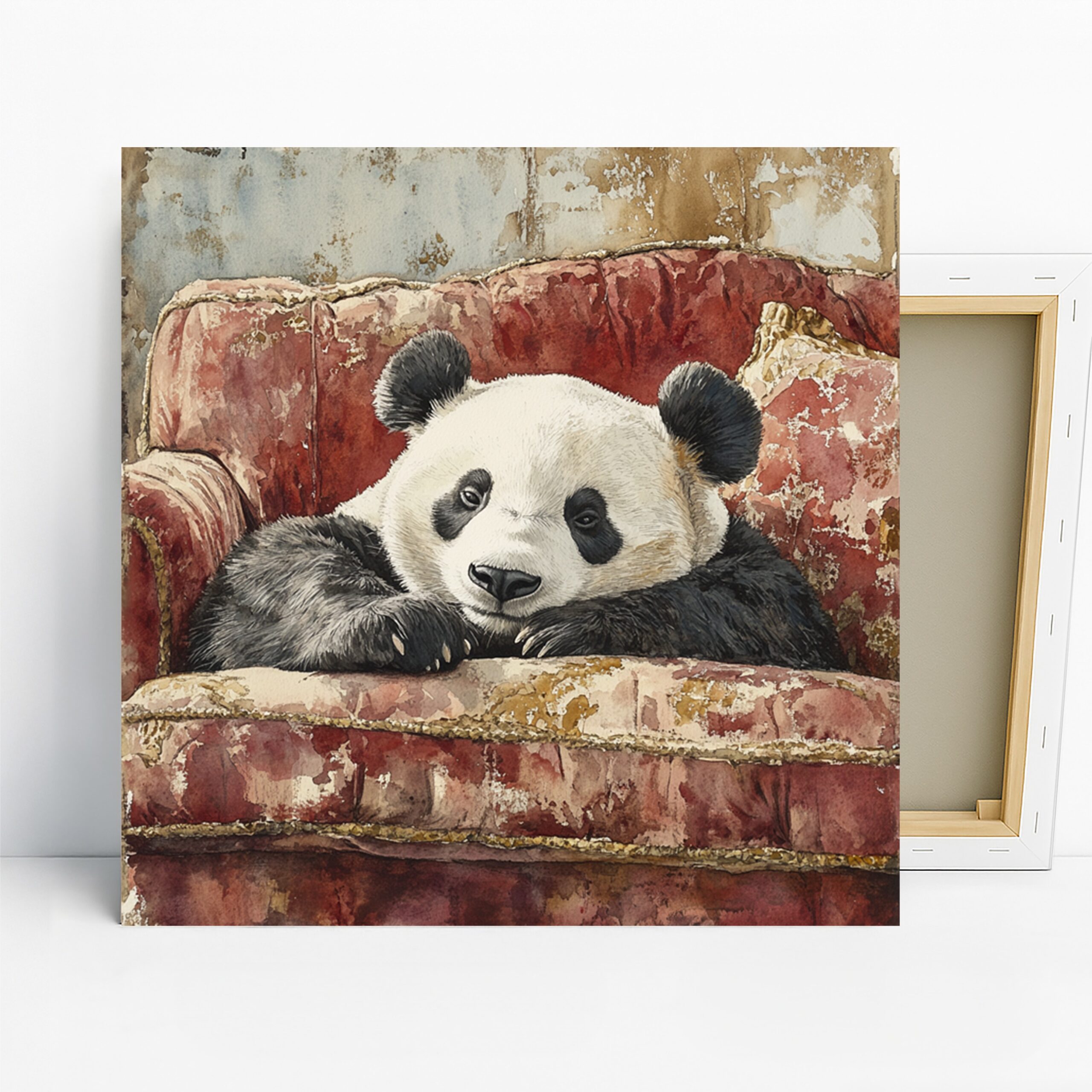Panda Couch Art, Canvas or Poster, Contemporary Animal Decor, Living Room Bedroom Office Children’s Room Wall Art, Red White Black Brown