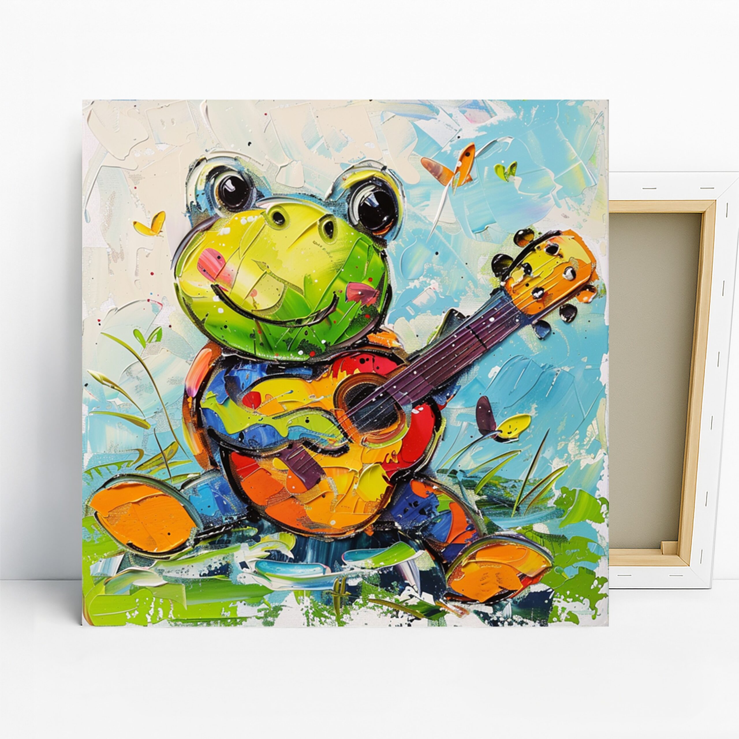 Frog Art, Canvas or Poster, Whimsical Contemporary Decor, Children’s Room Bedroom Nursery Wall Art, Green Yellow Blue Orange