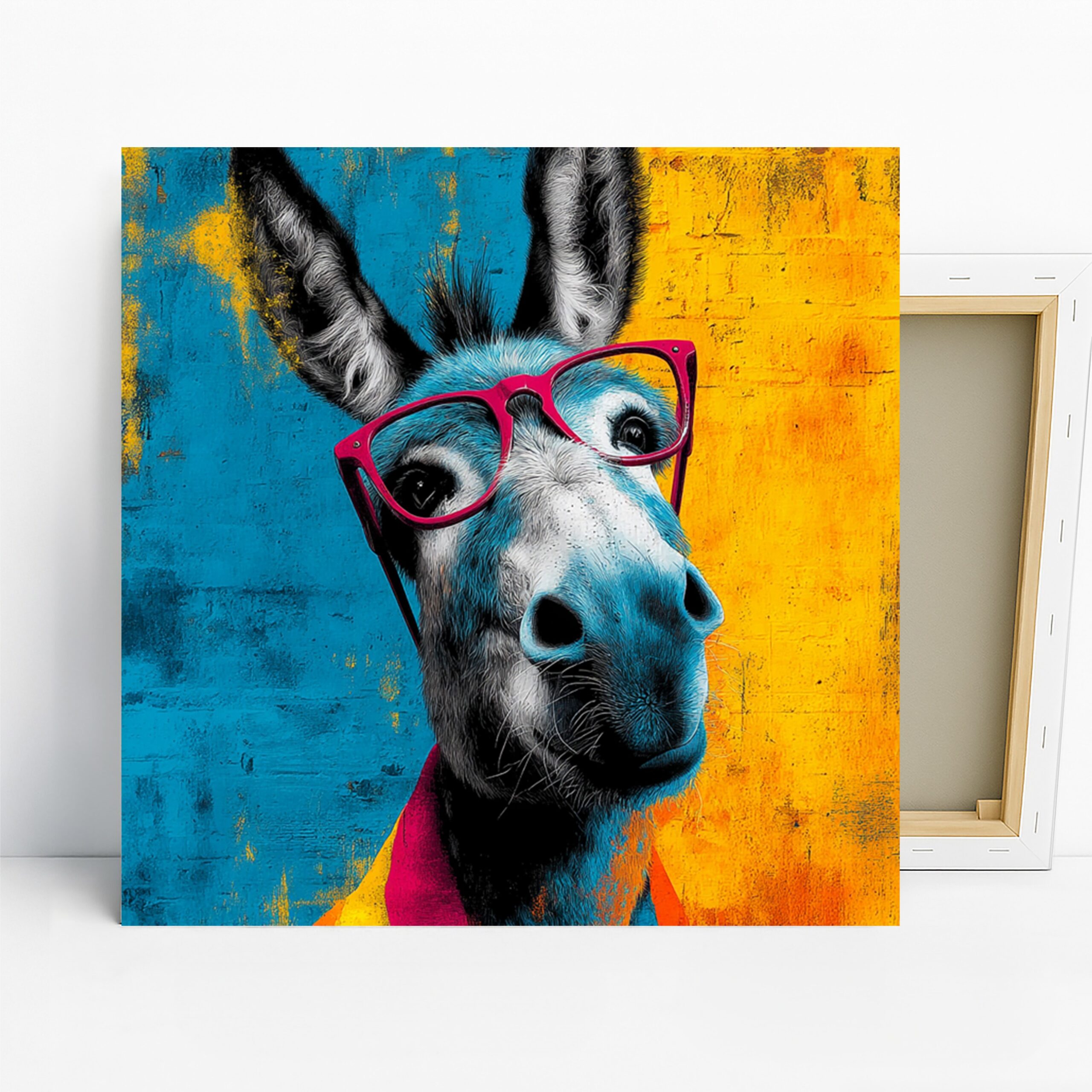 Donkey Art, Canvas or Poster, Whimsical Pop Art Decor, Living Room Office Children’s Room Bedroom Wall Art, Blue Yellow Pink White