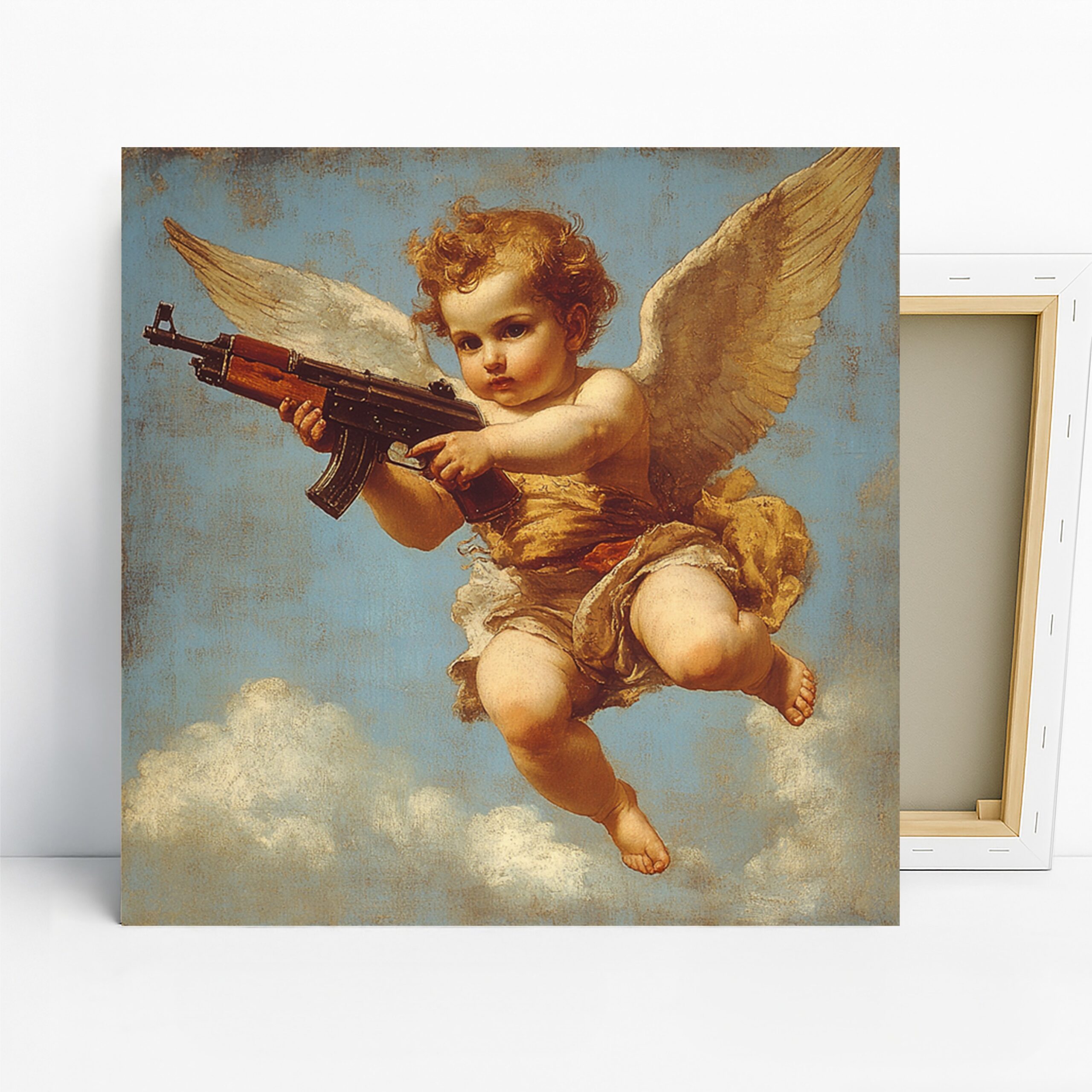 Cherub with AK-47 Art, Canvas or Poster, Whimsical Contemporary Decor, Living Room Office Children’s Room Wall Art, Gold Blue White