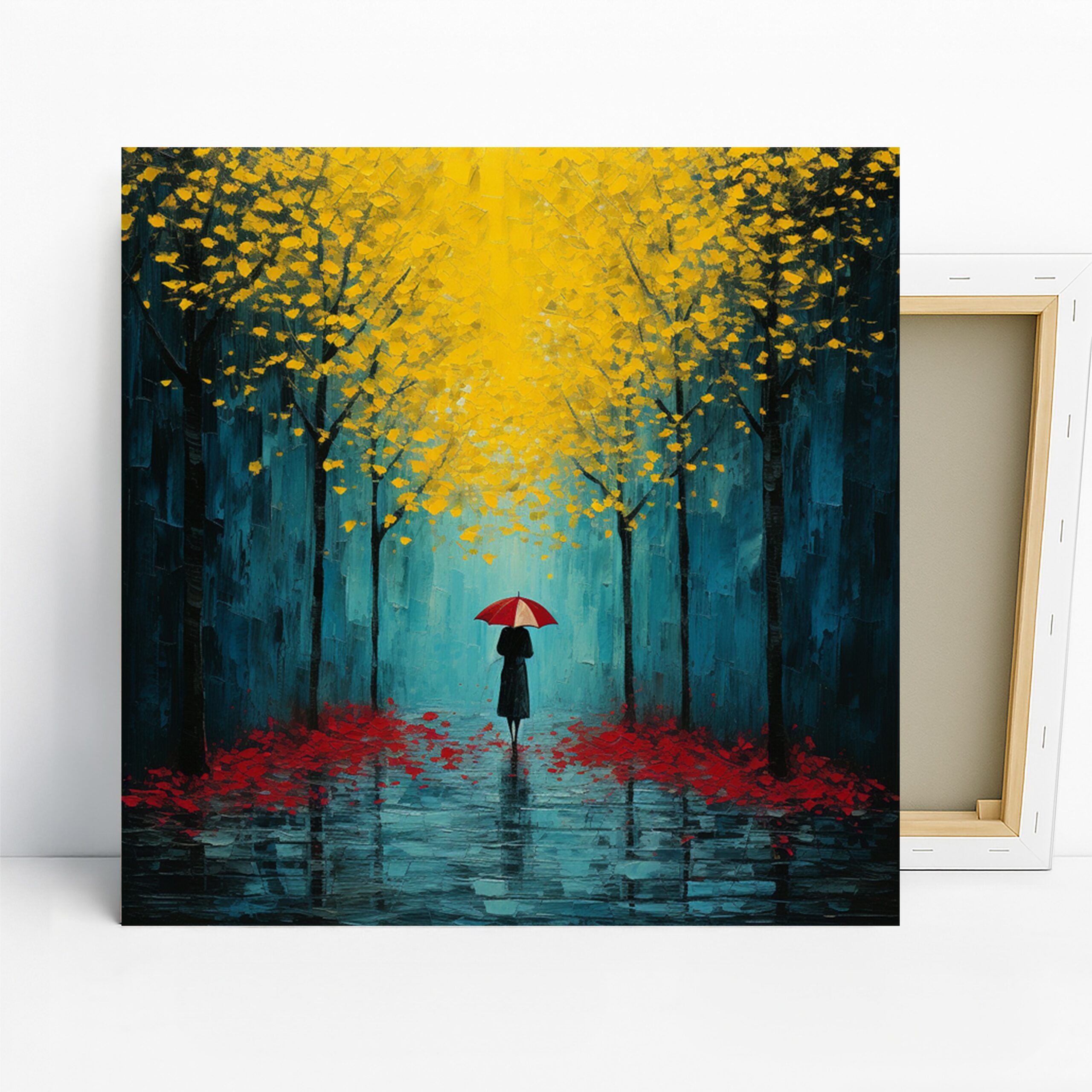 Autumn Rain Umbrella Art, Canvas or Poster, Impressionism Modern Decor, Living Room Bedroom Office Wall Art, Yellow Blue Red and Black