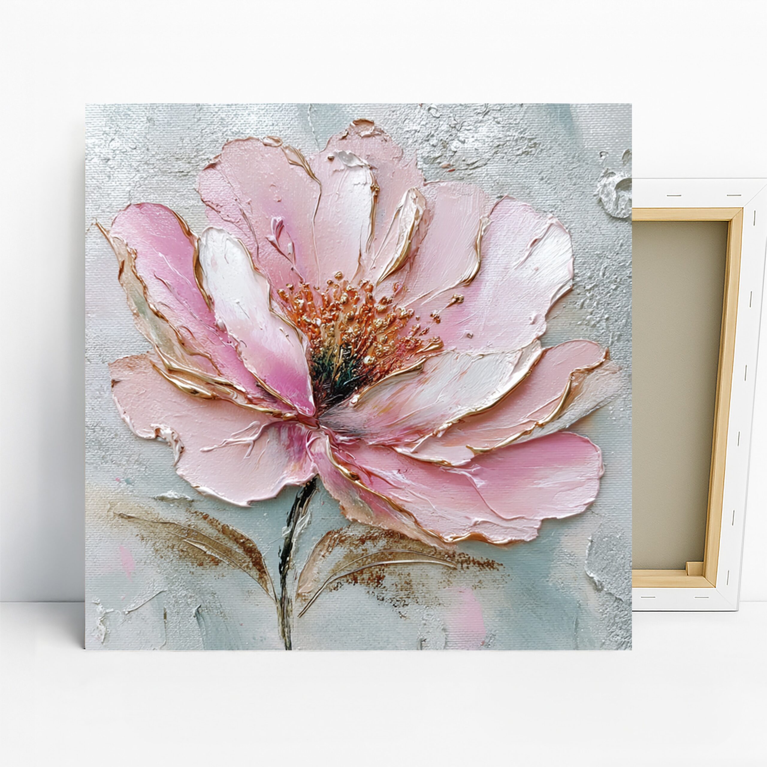 Pink Peony Art, Canvas or Poster, Floral Nature Decor, Modern Minimalist Living Room Bedroom Office Wall Art, Pink White Gold Colors