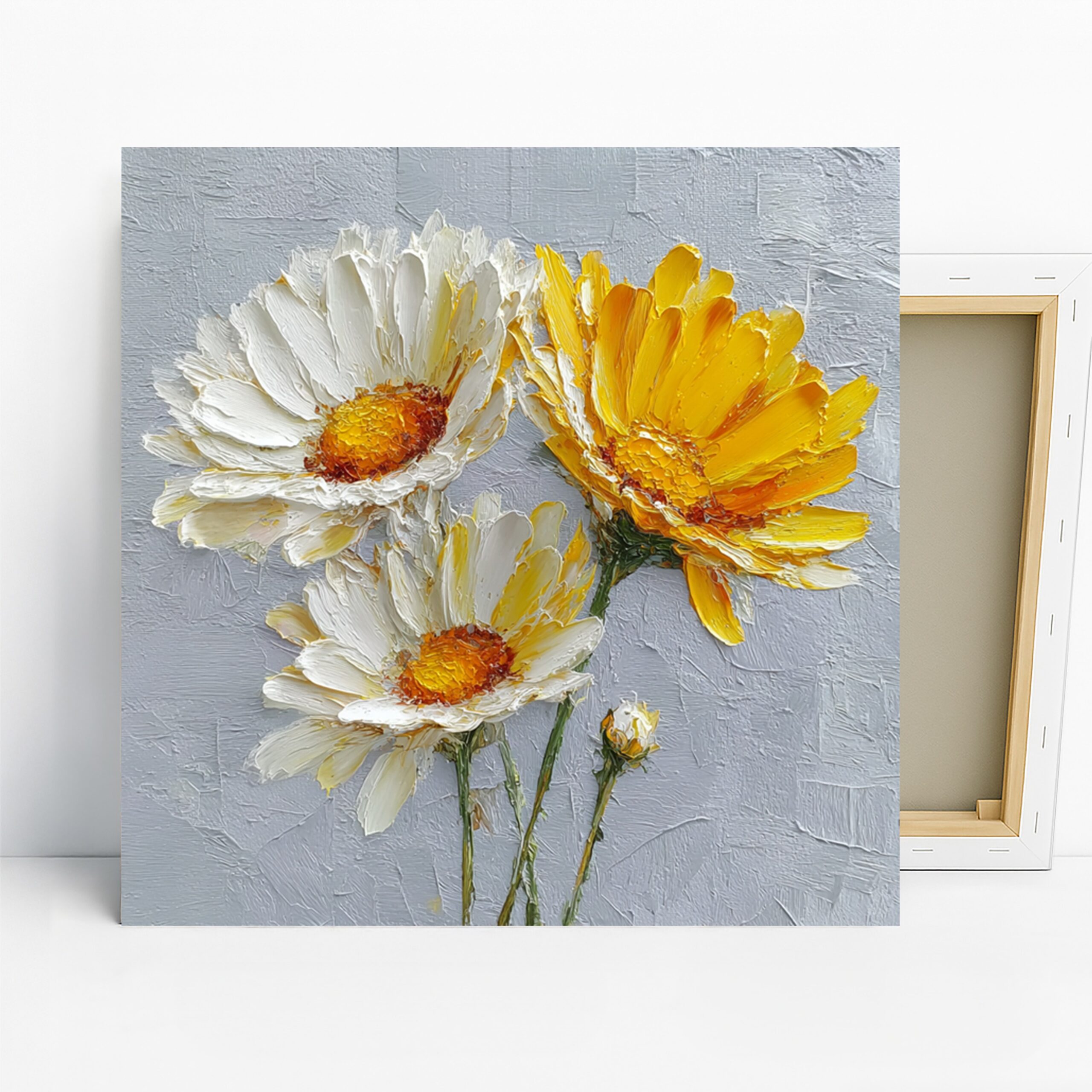 Daisy and Sunflower Art, Canvas or Poster, Floral Impressionism Decor, Living Room Bedroom Dining Room Wall Art, Yellow White Green
