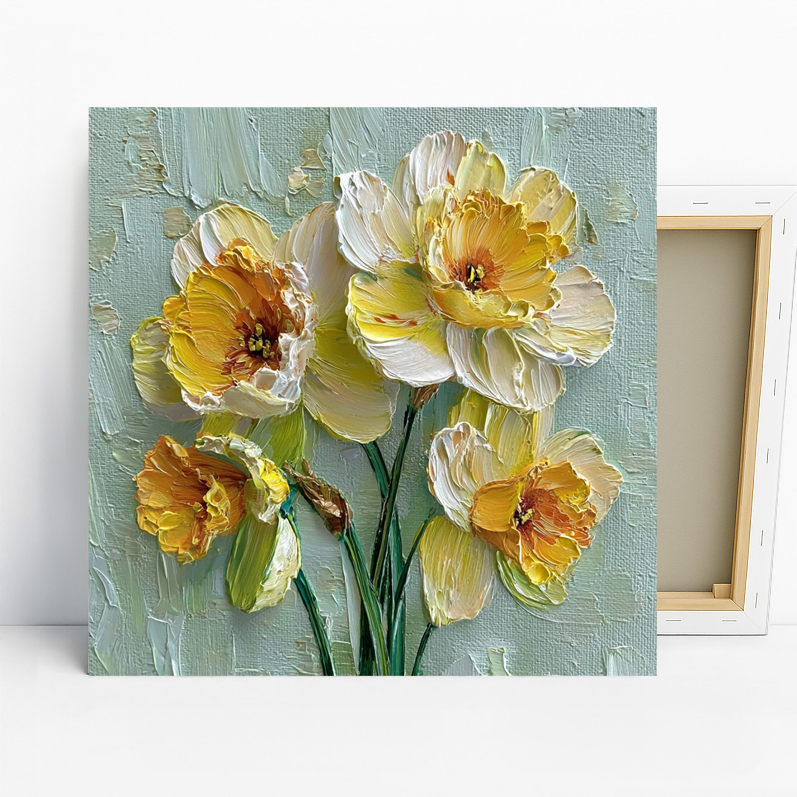 Daffodil Bloom Art, Canvas or Poster, Floral Impressionism Decor, Living Room Bedroom Dining Room Wall Art, Yellow White Green Colors