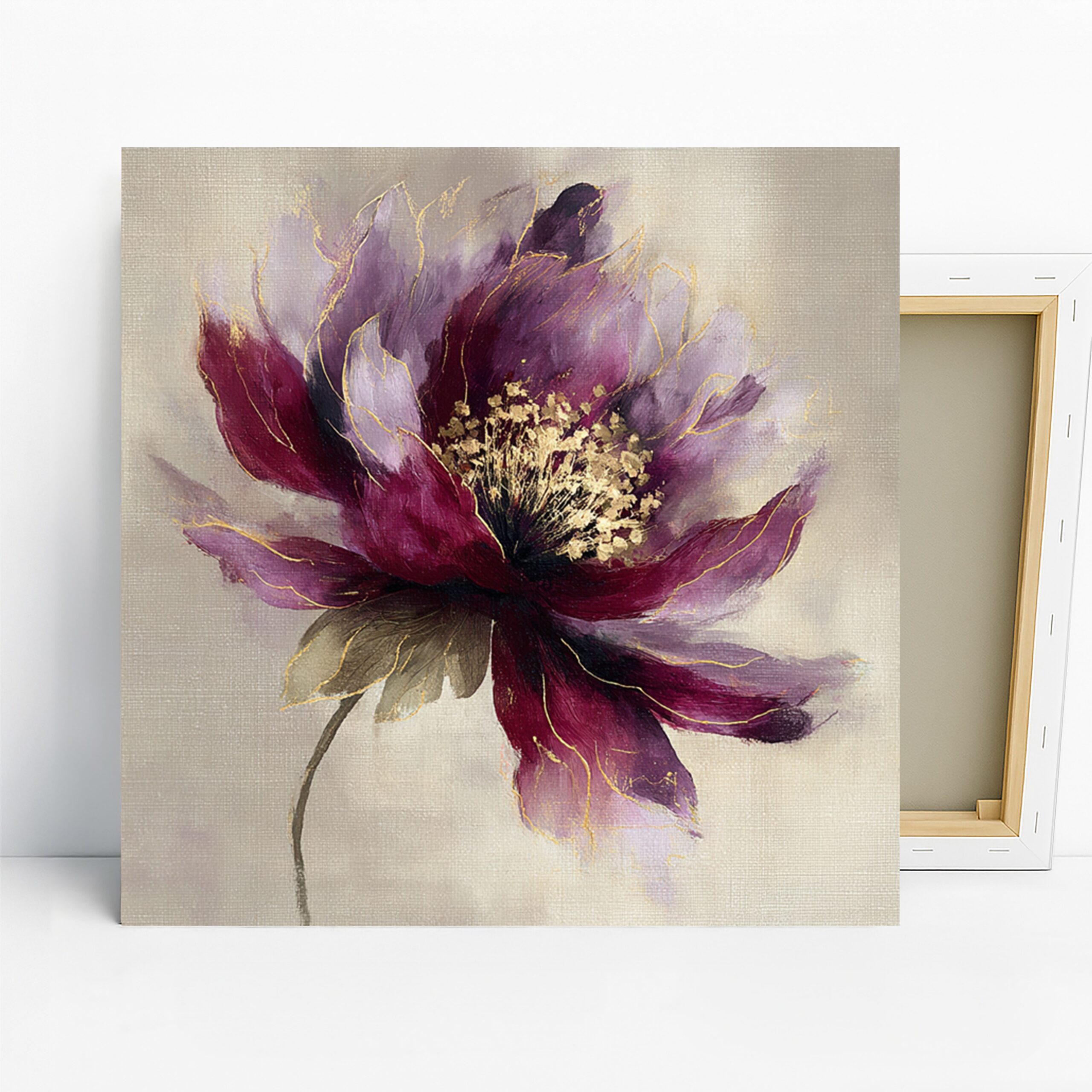 Purple Peony Bloom Art, Canvas or Poster, Floral Contemporary Glam Decor, Living Room Bedroom Dining Room Wall Art, Purple Gold Maroon White