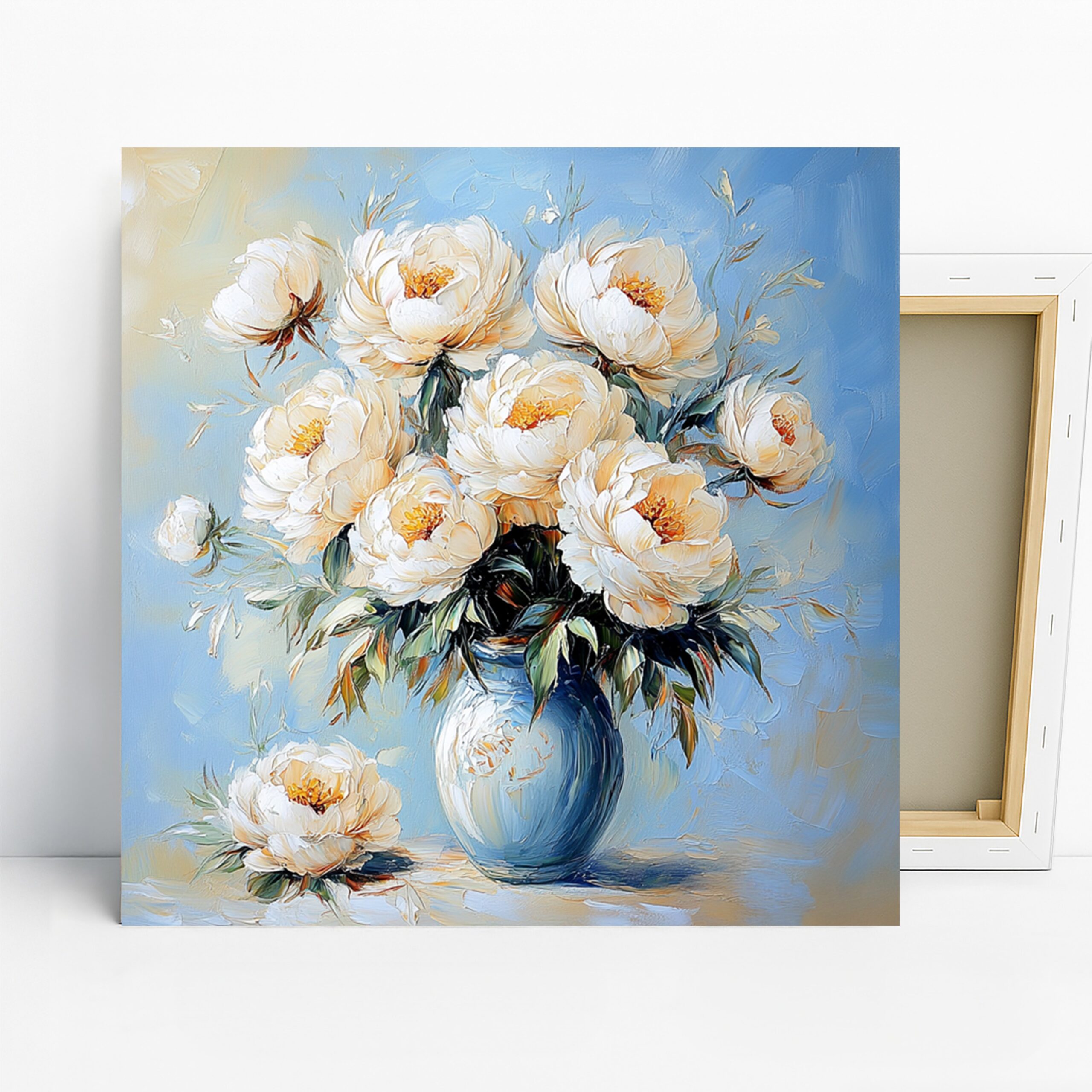 Peony Bouquet Art, Canvas or Poster, Floral Impressionism Decor, Living Room Bedroom Dining Room Wall Art, White Blue Yellow Green