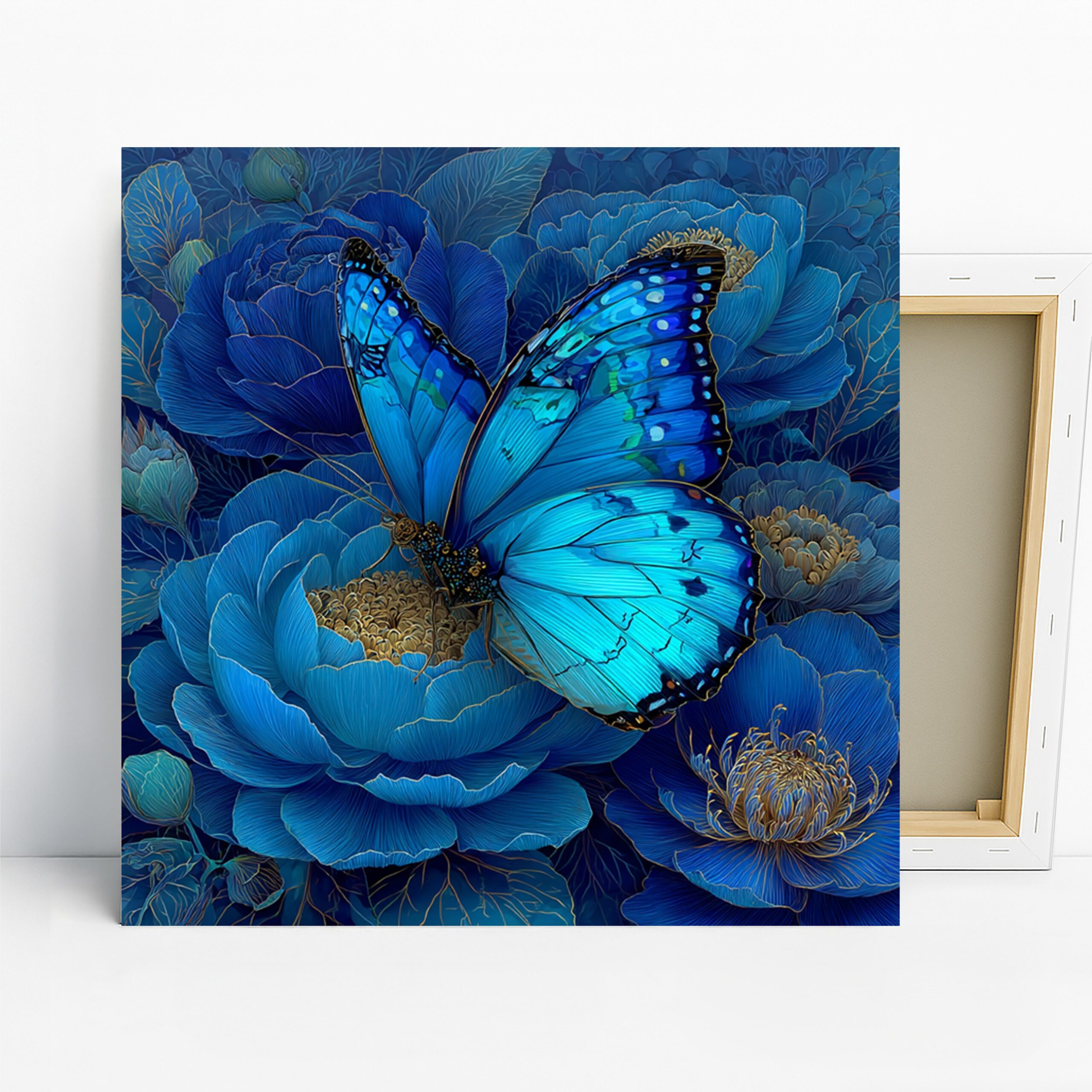 Blue Butterfly Art, Canvas or Poster, Contemporary Floral Modern Decor, Living Room Bedroom Office Wall Art, Blue Turquoise Gold