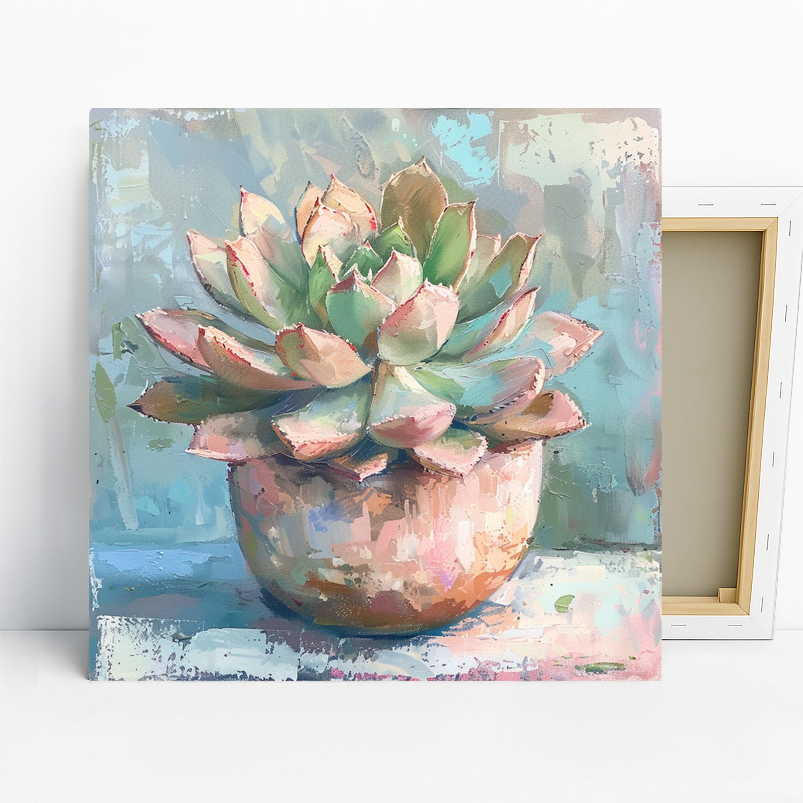 Succulent Blush Art, Canvas or Poster, Floral Contemporary Decor, Living Room Bedroom Office Bathroom Wall Art, Green Pink Blue and White