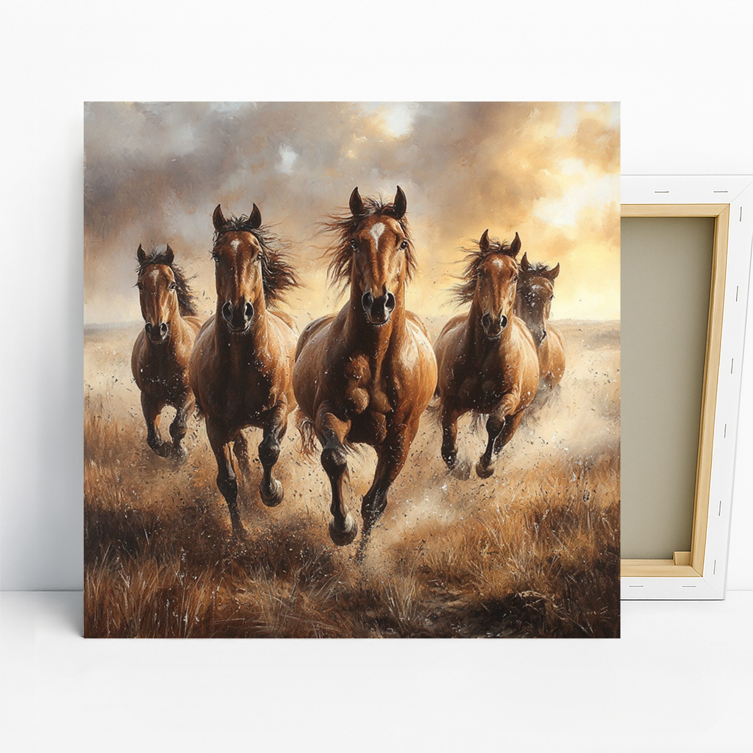 Wild Horses Art, Canvas or Poster, Animal Nature Rustic Decor, Living Room Bedroom Office Wall Art, Brown Beige White Grey