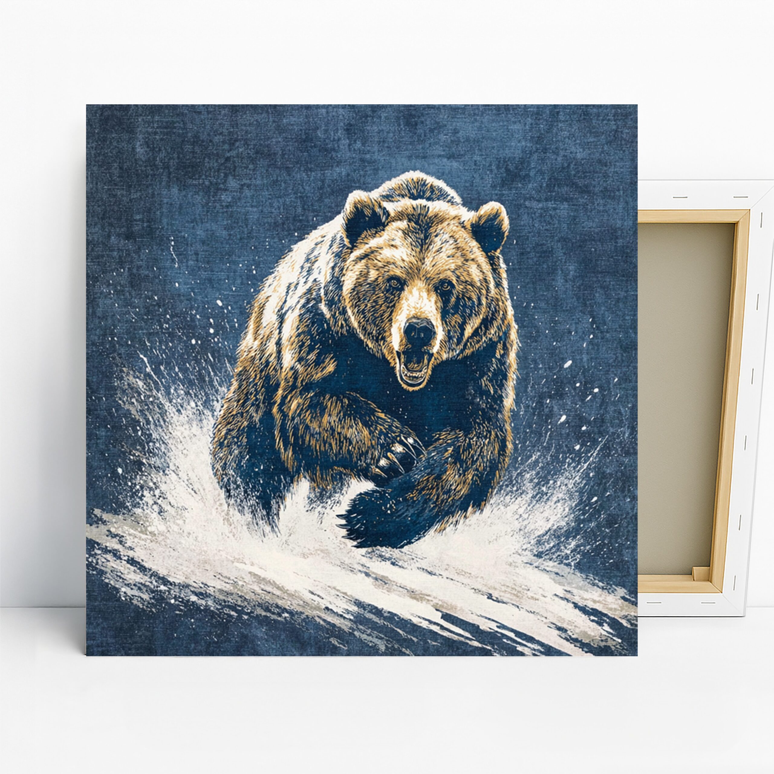 Bear Water Splash Art, Canvas or Poster, Animal Contemporary Decor, Living Room Bedroom Game Room Wall Art, Brown Blue Black and White