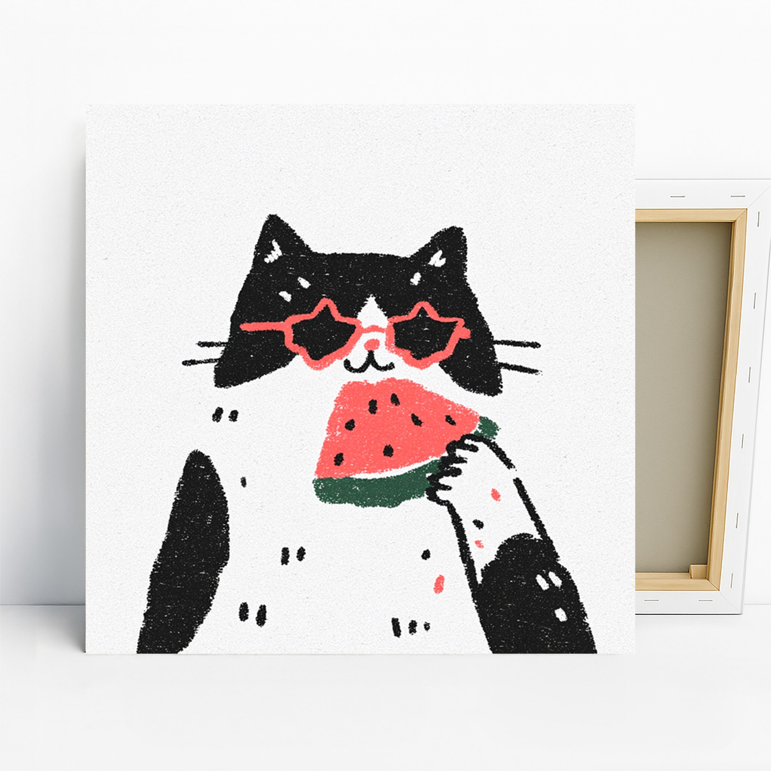 Cool Cat Watermelon Art, Poster or Canvas, Whimsical Modern Decor, Kitchen Dining Room Children’s Room Wall Art, Black White Red Green