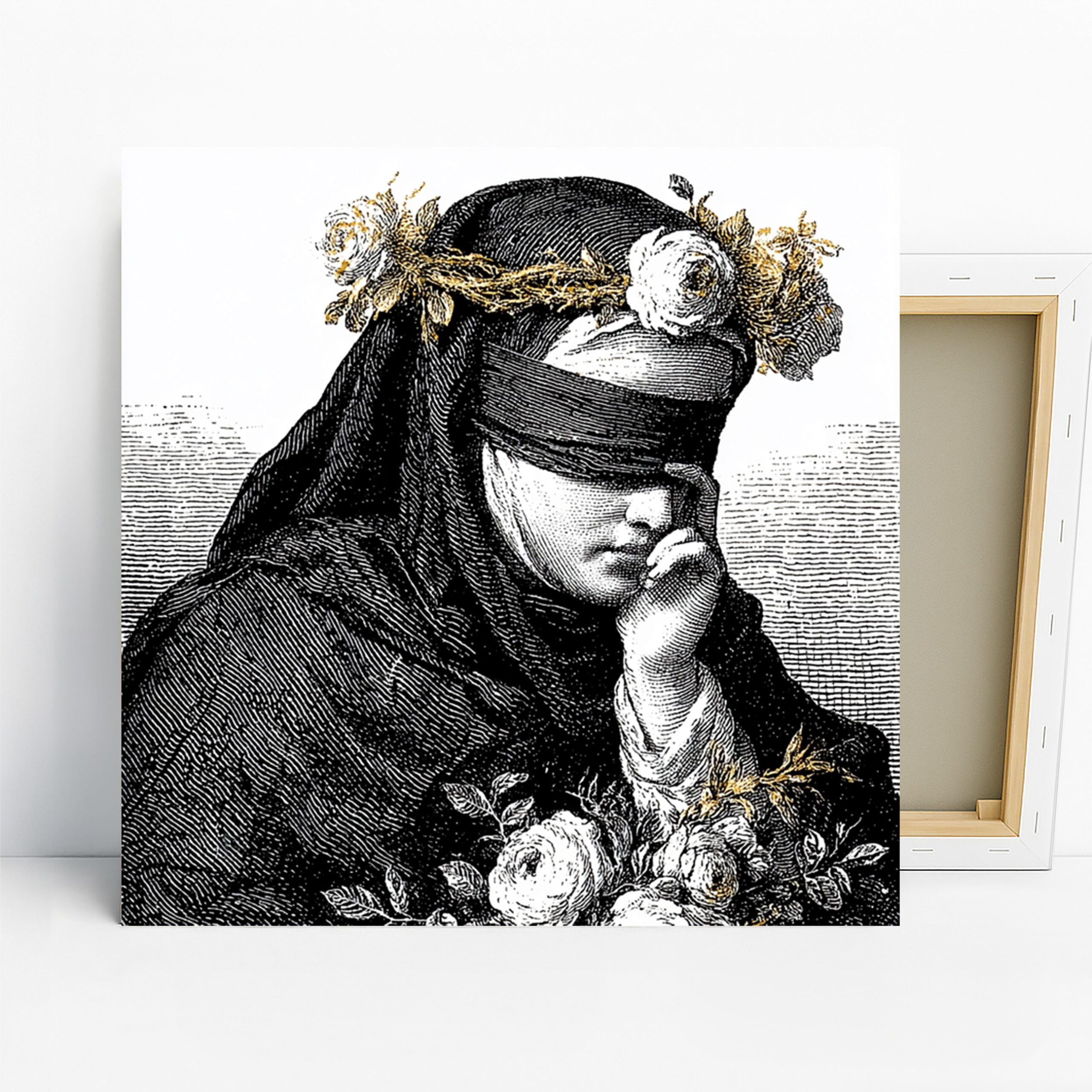 Victorian Floral Portrait Art, Canvas or Poster, Classic Vintage Decor, Bedroom Living Room Library Office Wall Art, Black White Gold Green