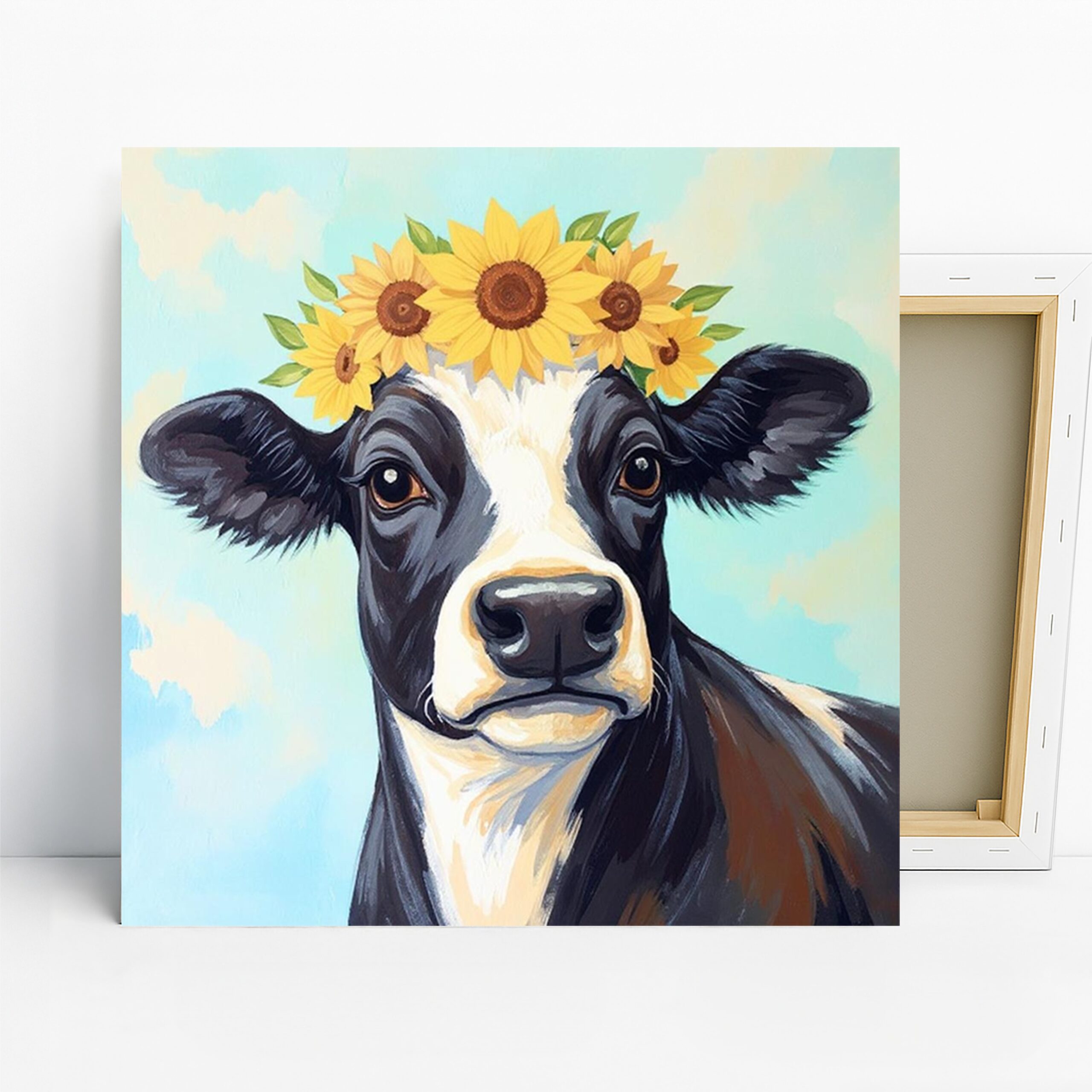 Sunflower Cow Art, Canvas or Poster, Whimsical Farmhouse Decor, Kitchen Dining Room Living Room Bedroom Wall Art, Black White Yellow Blue