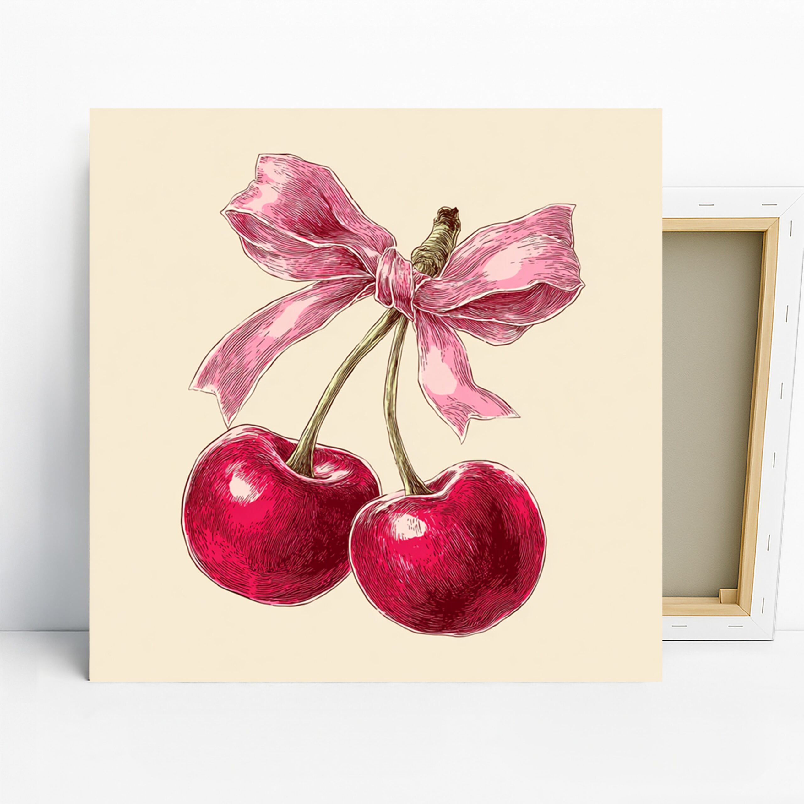 Cherry Bow Art, Canvas or Poster, Vintage Still Life Decor, Kitchen Dining Room Living Room Office Wall Art, Red Pink Green Beige