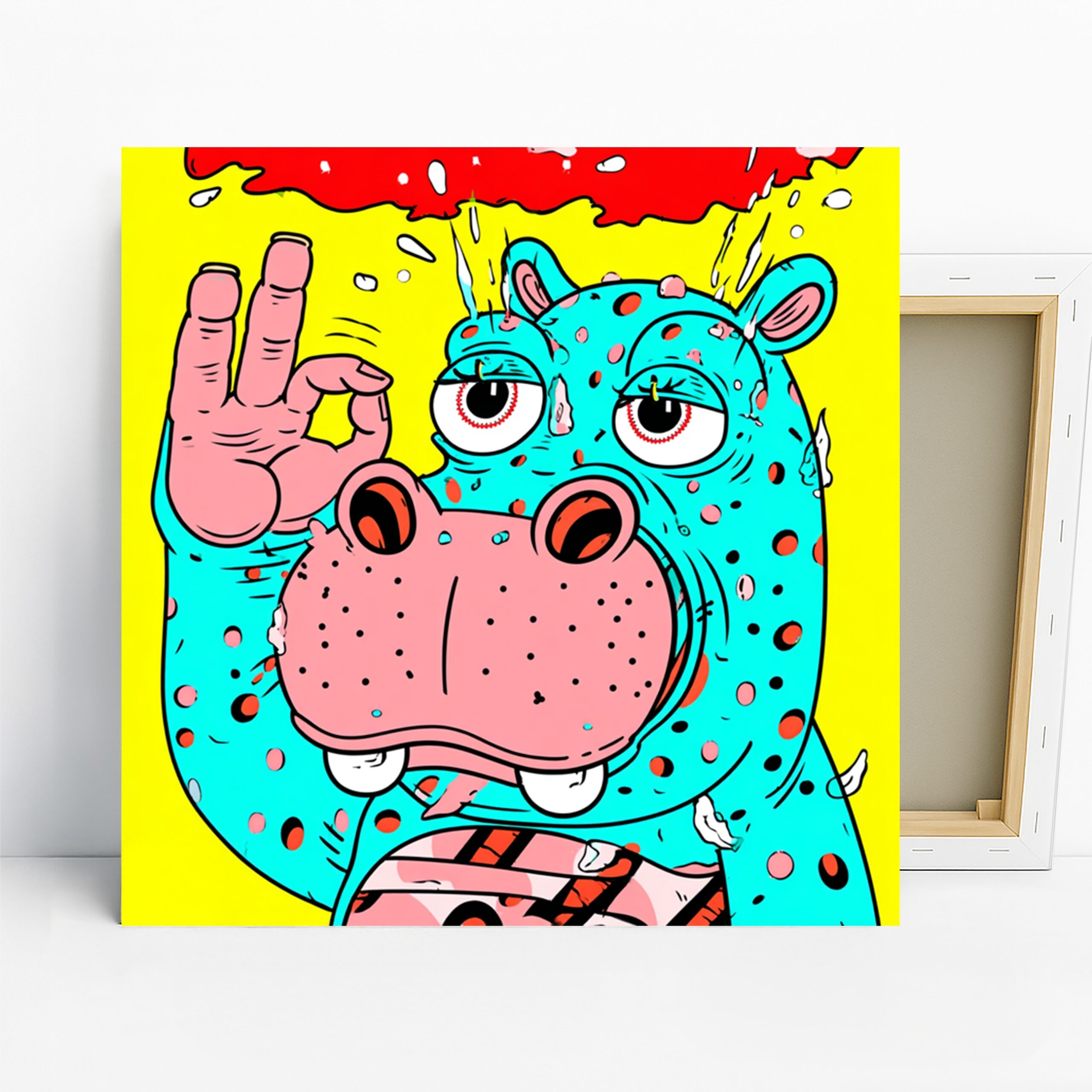Hippo Art, Canvas or Poster, Pop Art Contemporary Decor, Living Room Game Room Children’s Room Wall Art, Turquoise Pink Yellow Red