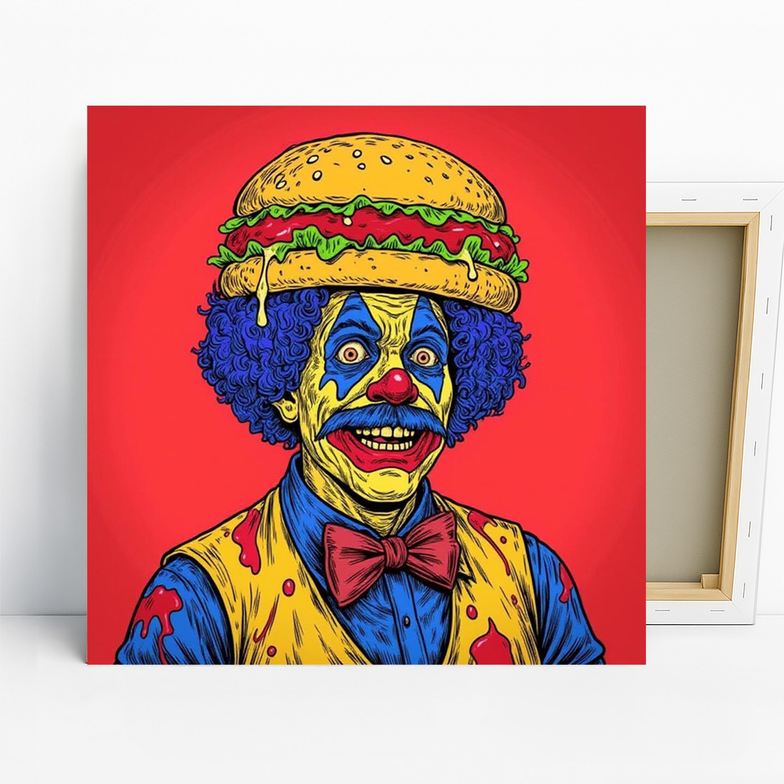 Fast Food Clown Art, Canvas or Poster, Pop Art Retro Decor, Game Room Kitchen Dining Room Wall Art, Red Blue Yellow Green