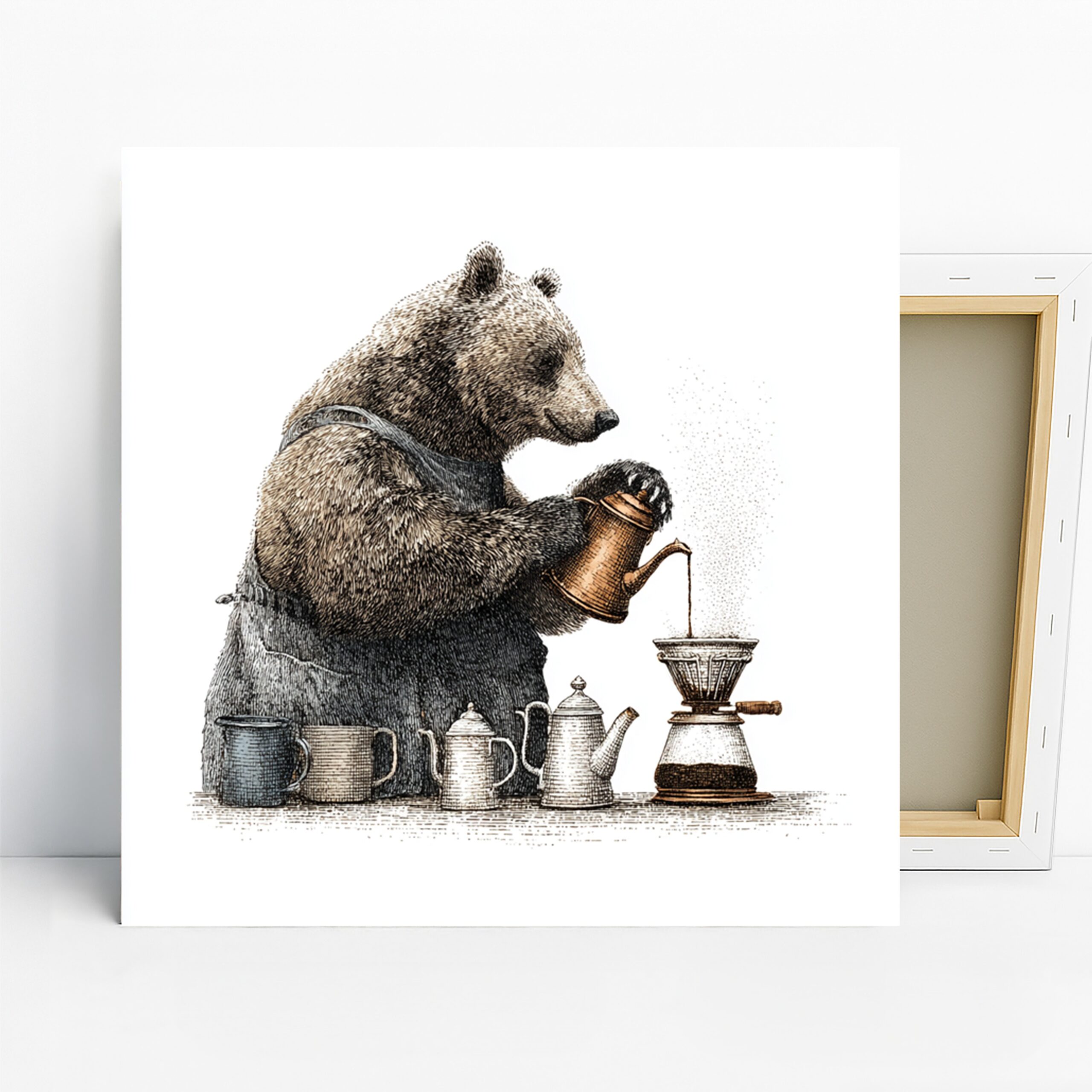 Bear Coffee Art, Canvas or Poster, Whimsical Rustic Decor, Kitchen Dining Room Office Living Room Wall Art, Brown White Copper