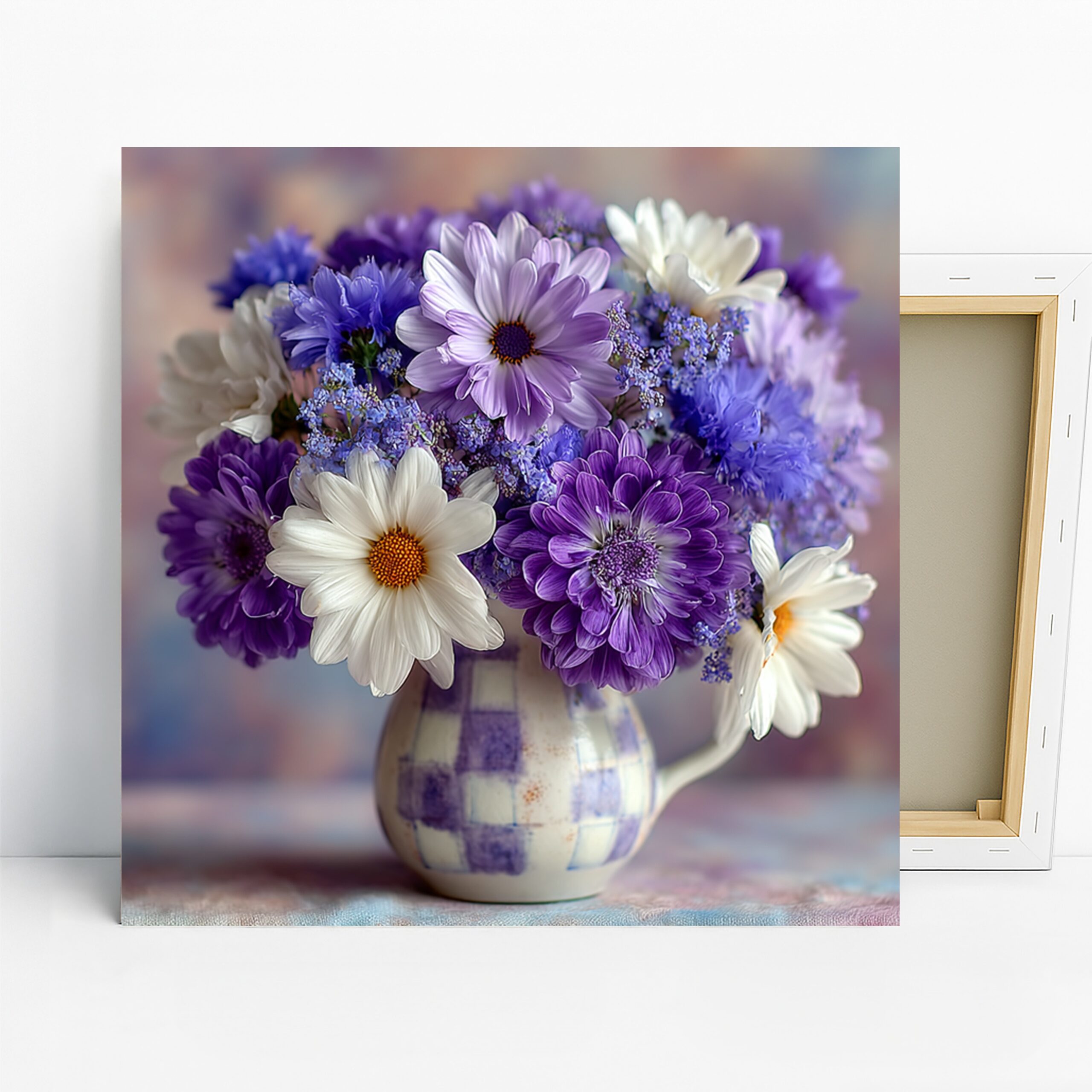 Purple Daisy Bouquet Art, Canvas or Poster, Floral Nature Decor, Living Room Bedroom Dining Room Wall Art, Purple White Blue, Farmhouse Art