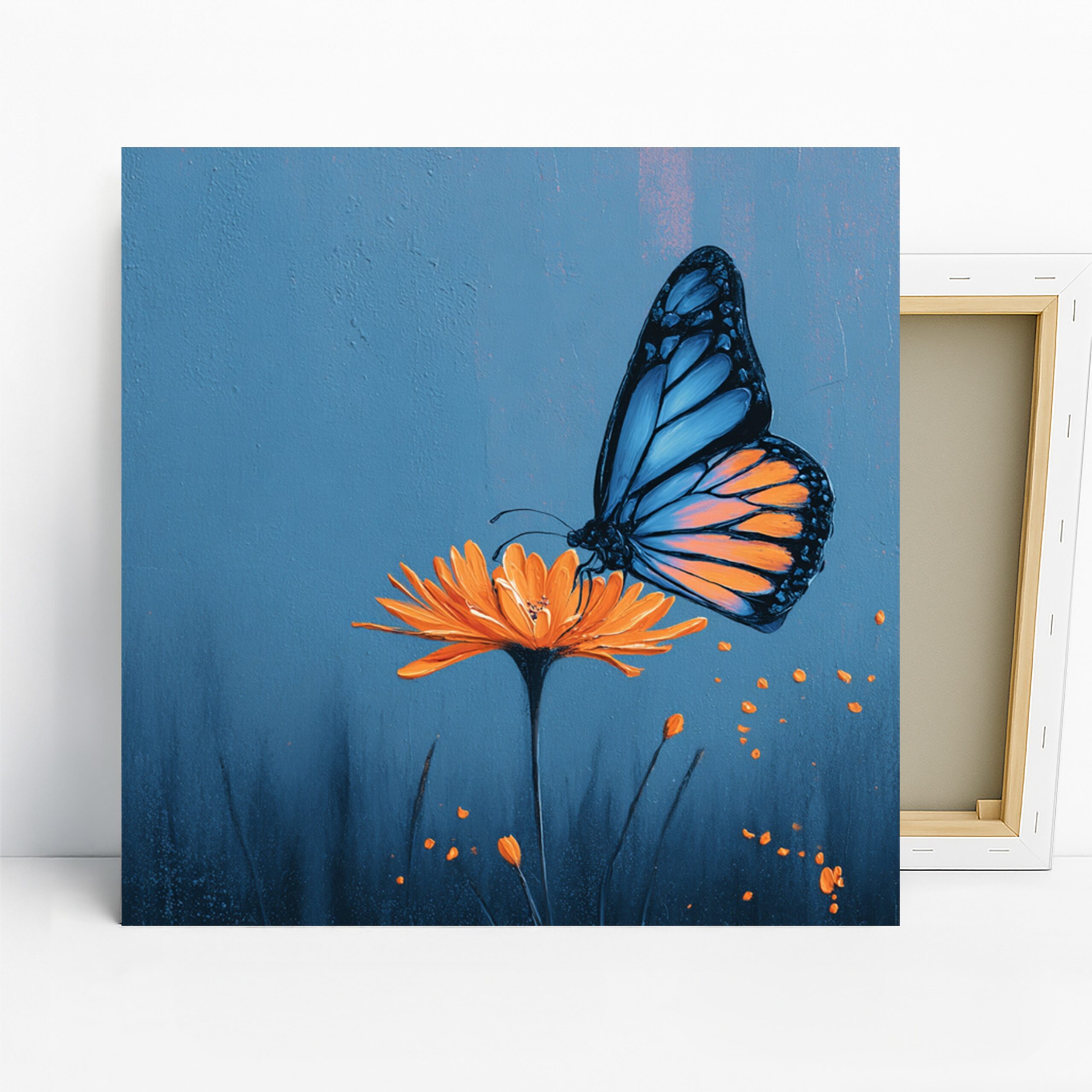 Butterfly Flower Art, Canvas or Poster, Nature Contemporary Decor, Living Room Bedroom Office Wall Art, Blue Orange Black Colorful Print
