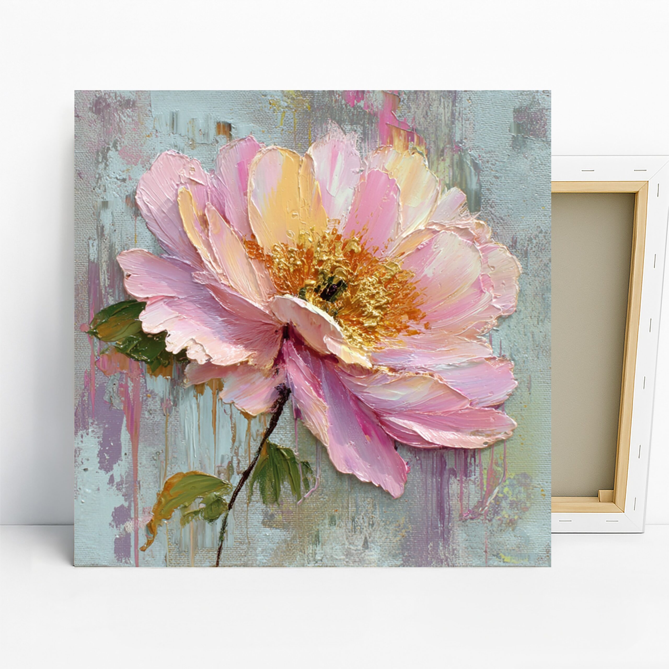 Bee Pink Peony Bloom Art, Canvas or Poster, Impressionism Shabby Chic Decor, Living Room Bedroom Office Wall Art, Pink Gold Green White