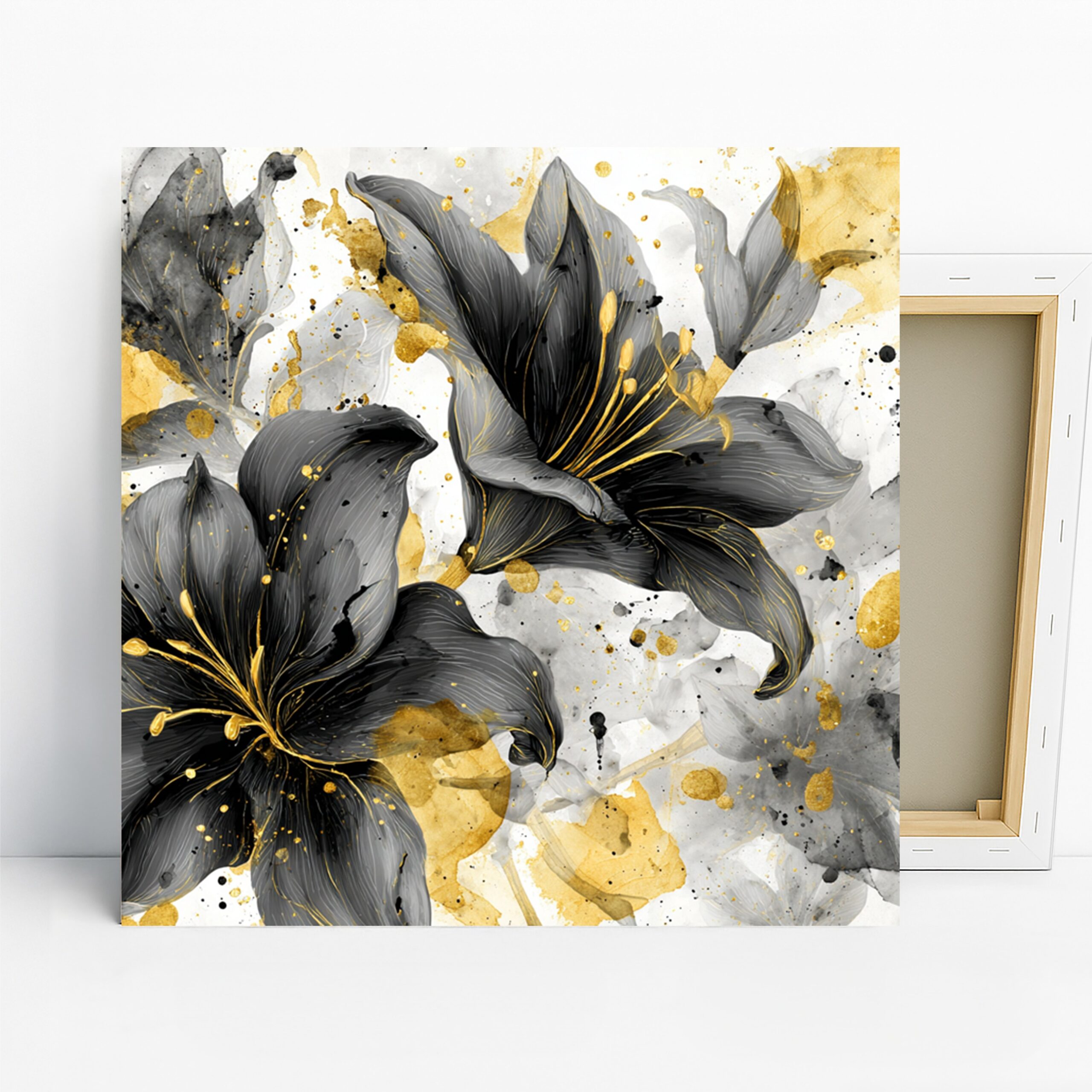 Elegant Black and Gold Lily Art, Canvas or Poster, Contemporary Floral Decor, Living Room Bedroom Office Wall Art, Black Gold Grey White