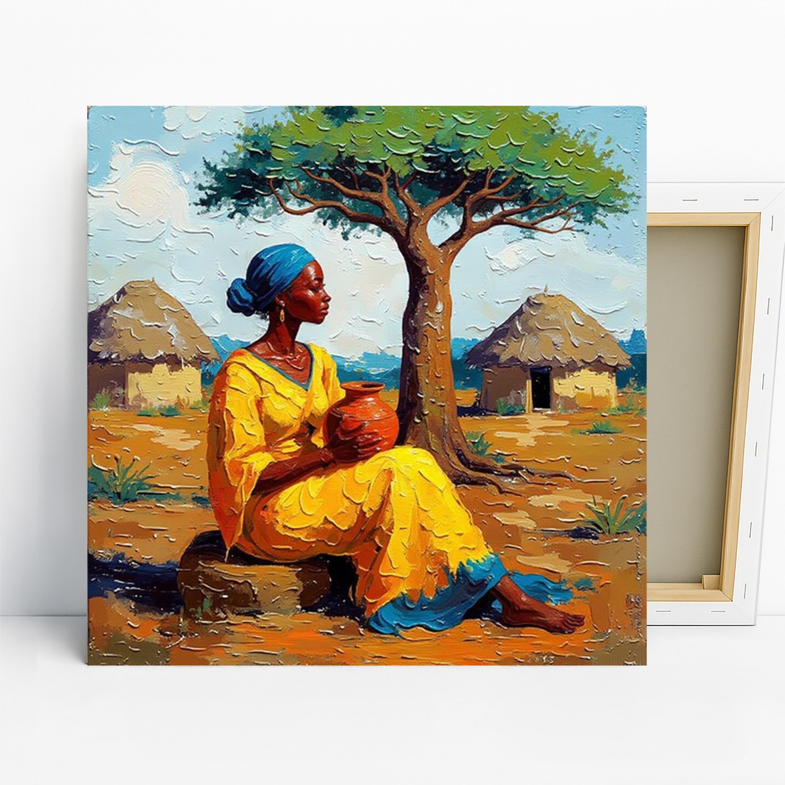 African Village Art, Canvas or Poster, Contemporary Bohemian Rustic Decor, Living Room Bedroom Dining Room Wall Art, Yellow Blue Brown Green