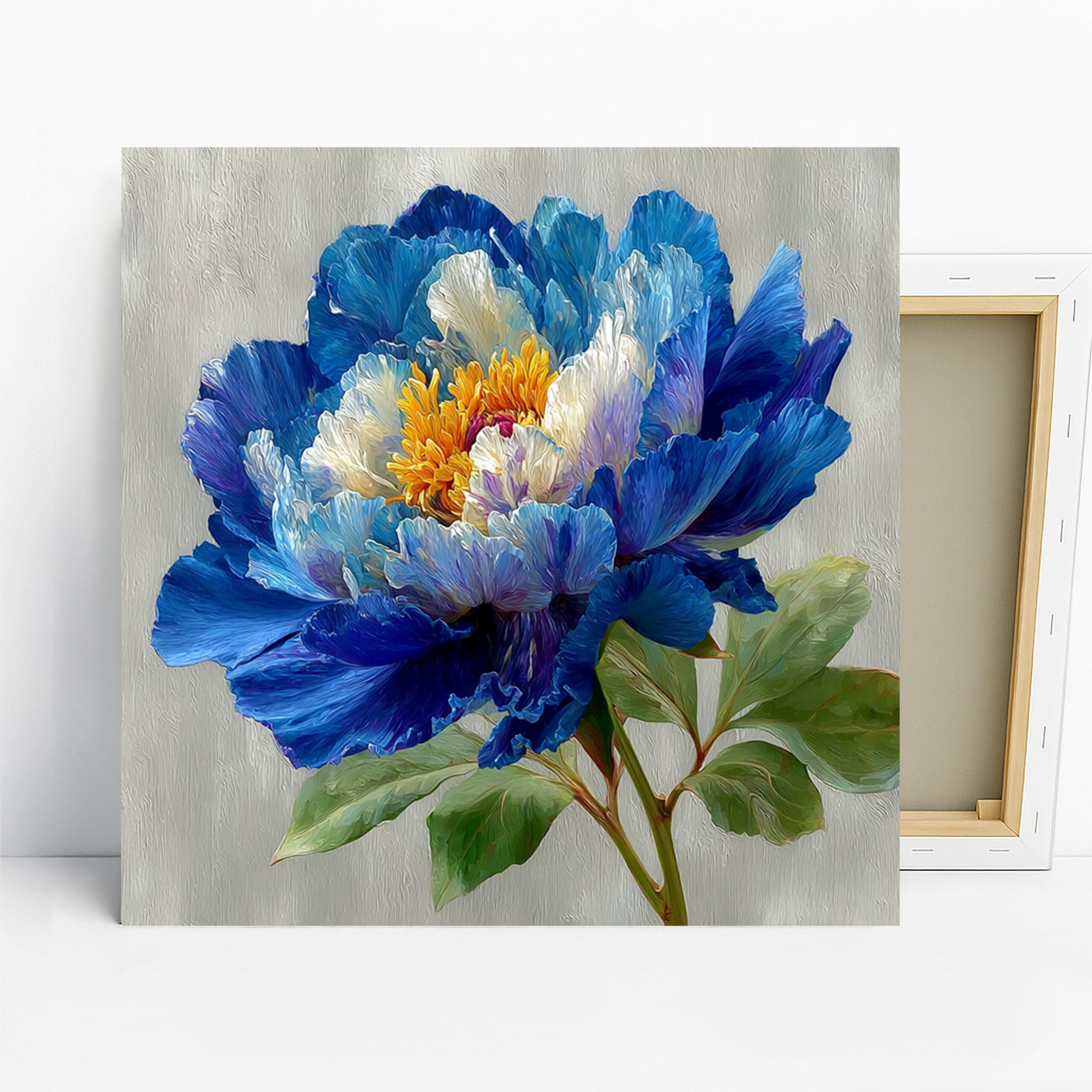 Blue Peony Art, Canvas or Poster, Floral Contemporary Decor, Living Room Bedroom Dining Room Office Wall Art, Blue Yellow Green and White