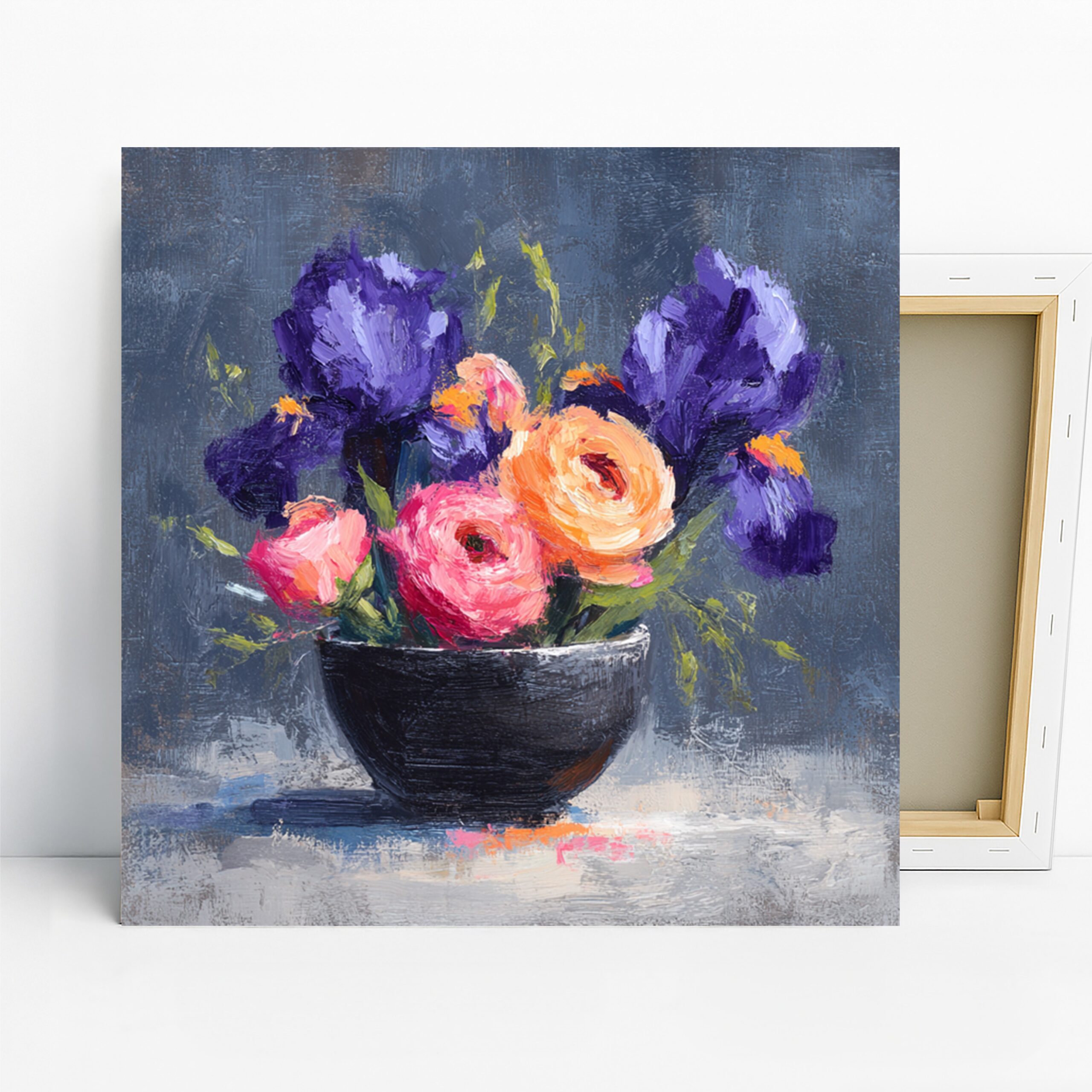 Vibrant Iris and Ranunculus Bouquet Art, Canvas or Poster, Bohemian Decor, Living Room Bedroom Dining Room Wall Art, Purple Pink Orange Blue