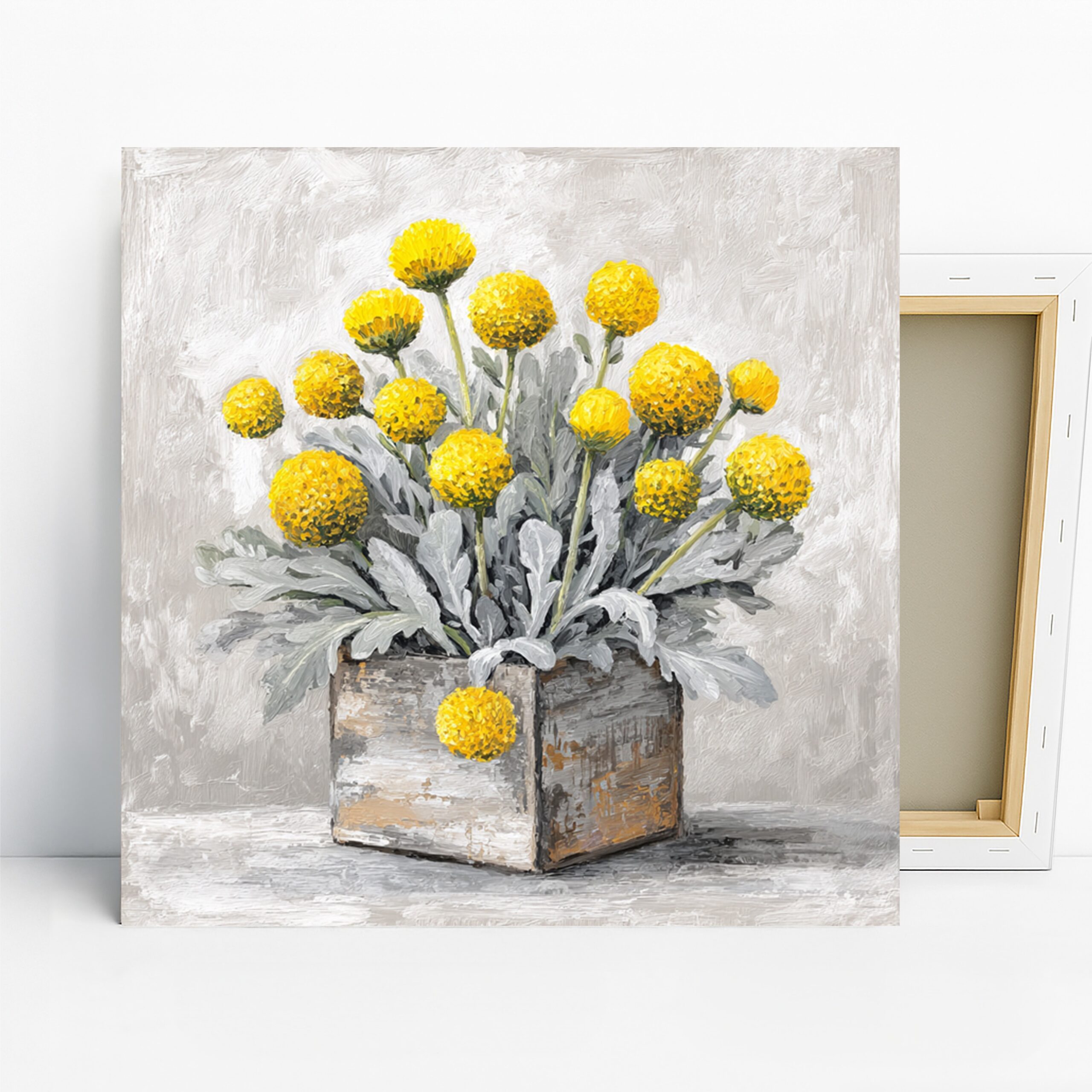 Yellow Craspedia Flower Art, Canvas or Poster, Floral Rustic Decor, Living Room Dining Room Kitchen Wall Art, Yellow Grey White Nature Print