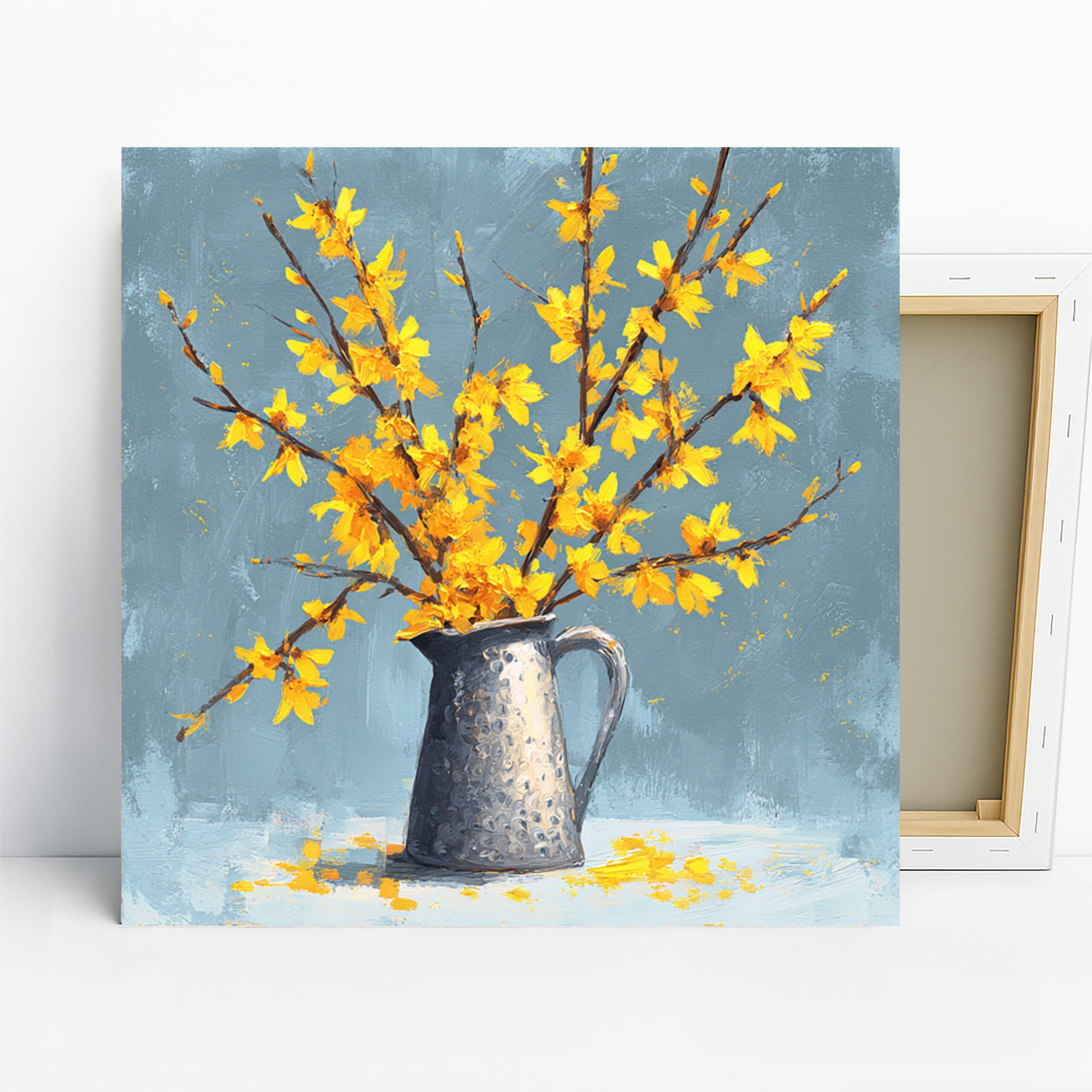 Forsythia Pitcher Art, Canvas or Poster, Floral Rustic Decor, Living Room Dining Room Kitchen Wall Art, Yellow Blue Brown, Nature Still Life