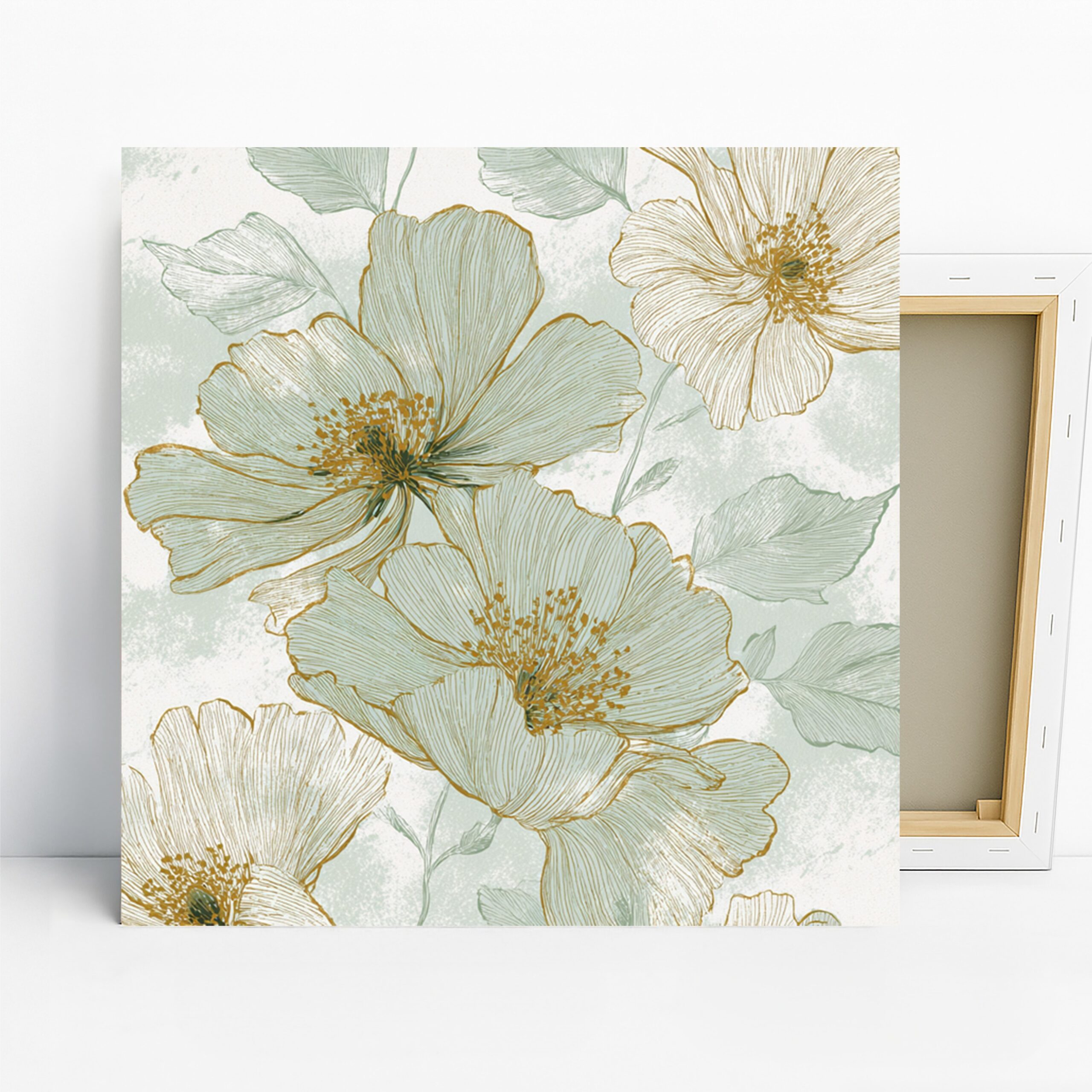 Elegant Poppy Art, Canvas or Poster, Contemporary Minimalist Decor, Living Room Bedroom Office Dining Room Wall Art, Green Gold White