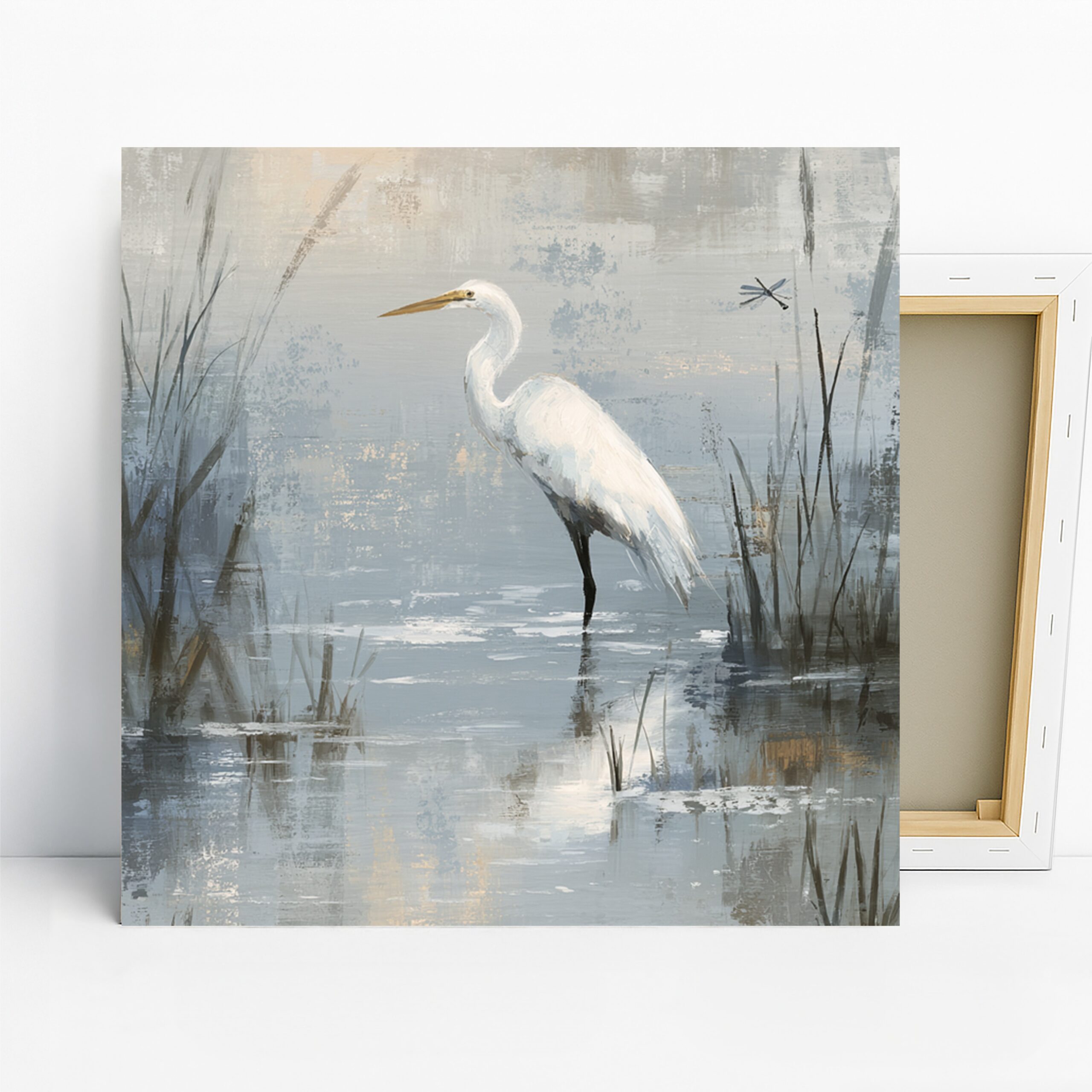 Heron Art, Canvas or Poster, Nature Coastal Decor, Bathroom Bedroom Office Wall Art, White Grey Blue, Serene Modern Minimalist Wall Decor