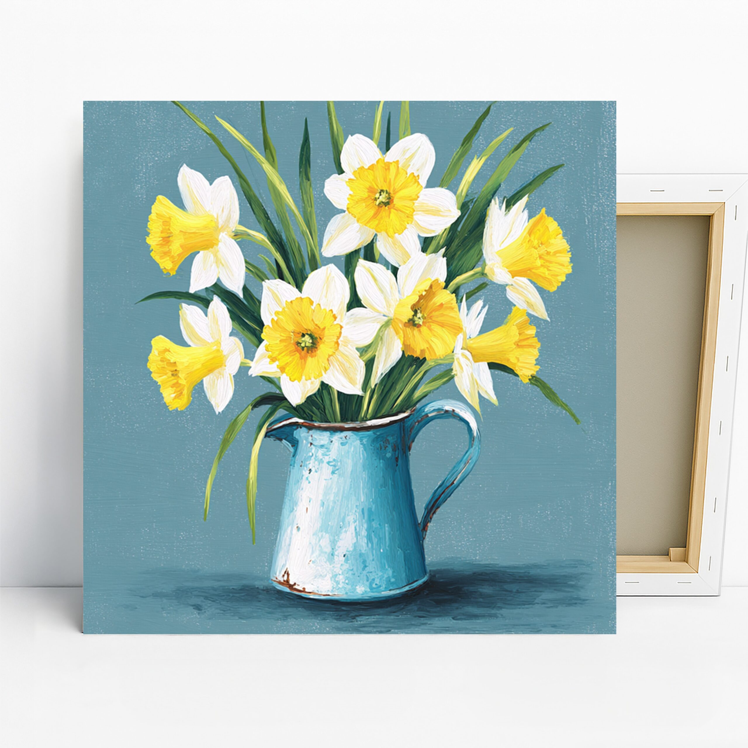 Daffodil Art, Canvas or Poster, Floral Nature Decor, Living Room Bedroom Entryway Wall Art, Yellow White Blue Green,Rustic Spring Home Decor