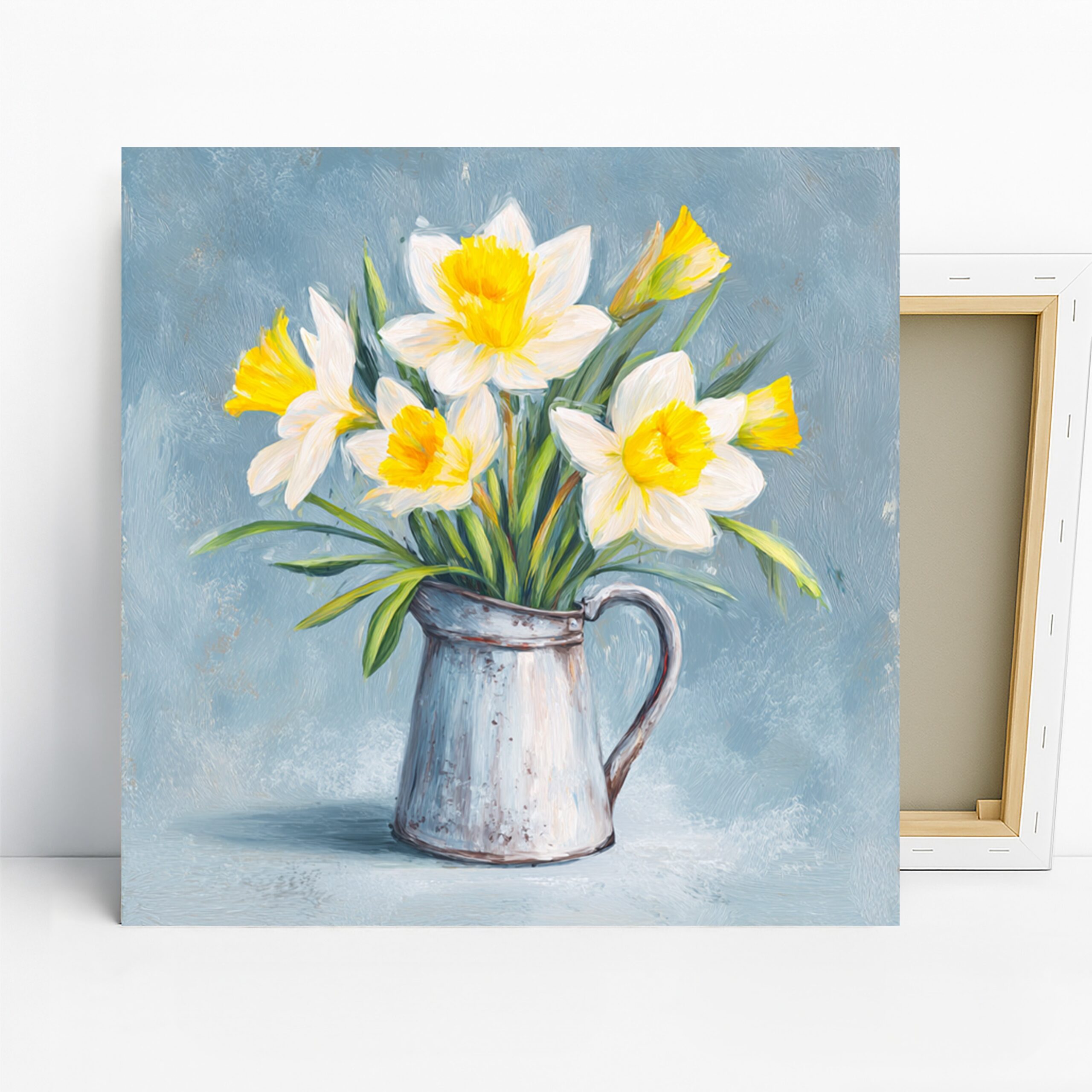 Daffodil Art, Canvas or Poster, Floral Rustic Decor, Living Room Kitchen Entryway Wall Art, Yellow White Green Blue, Nature Home Decor