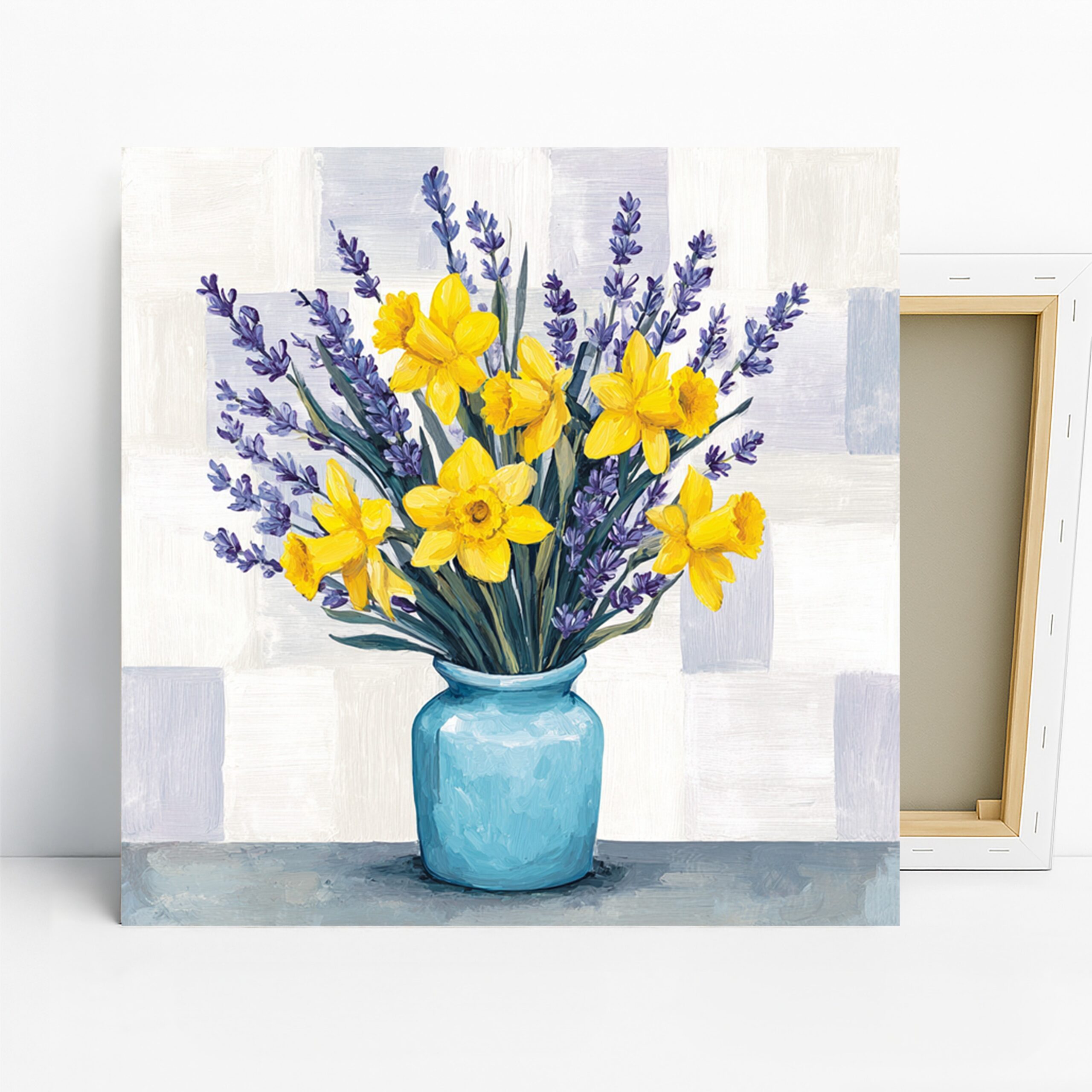Daffodil and Lavender Bouquet Art, Canvas or Poster, Floral Rustic Farmhouse Decor, Living Room Kitchen Wall Art, Yellow Purple Green Blue