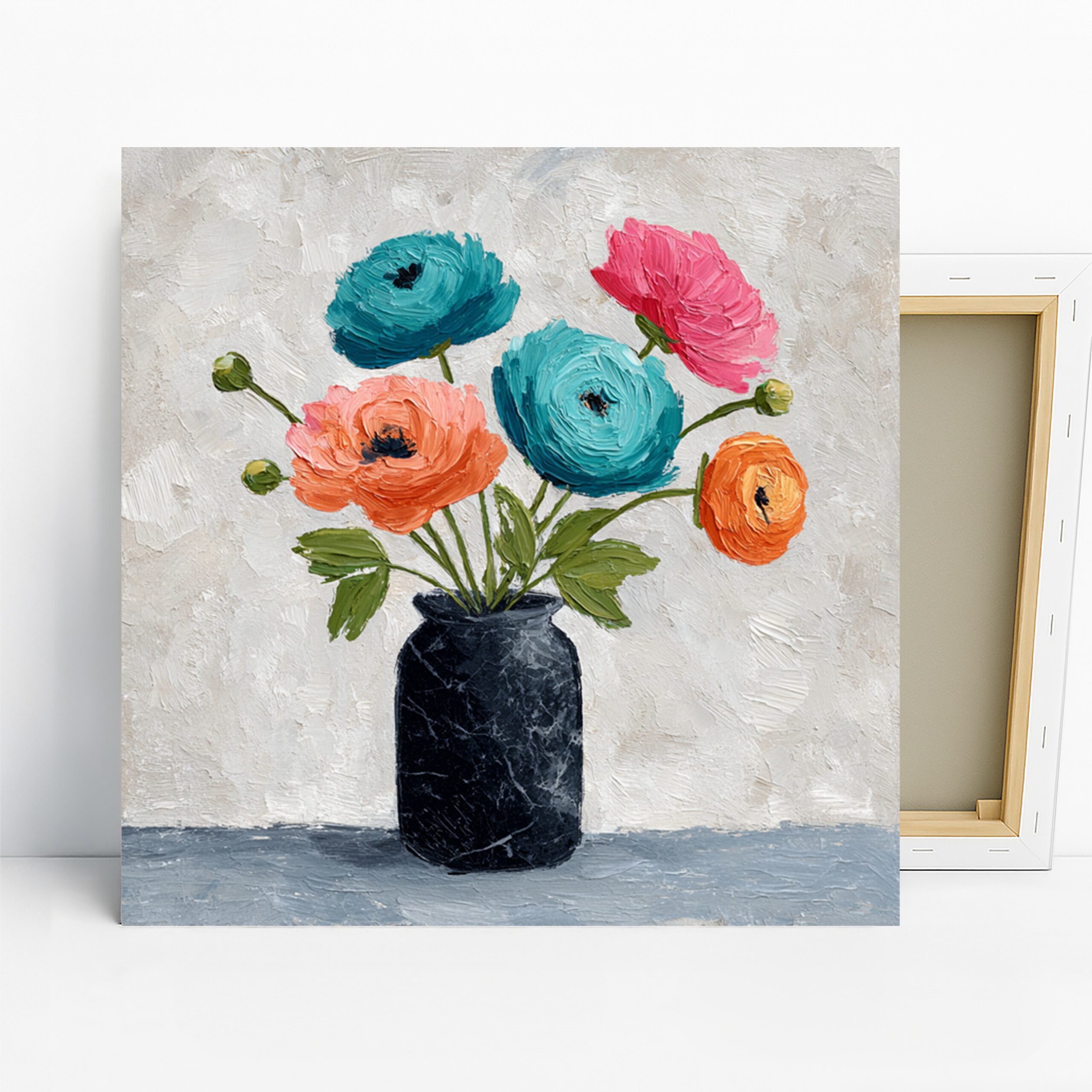 Vibrant Blooms in Vase Art, Canvas or Poster, Floral Contemporary Decor, Living Room Bedroom Office Wall Art, Blue Pink Orange Green