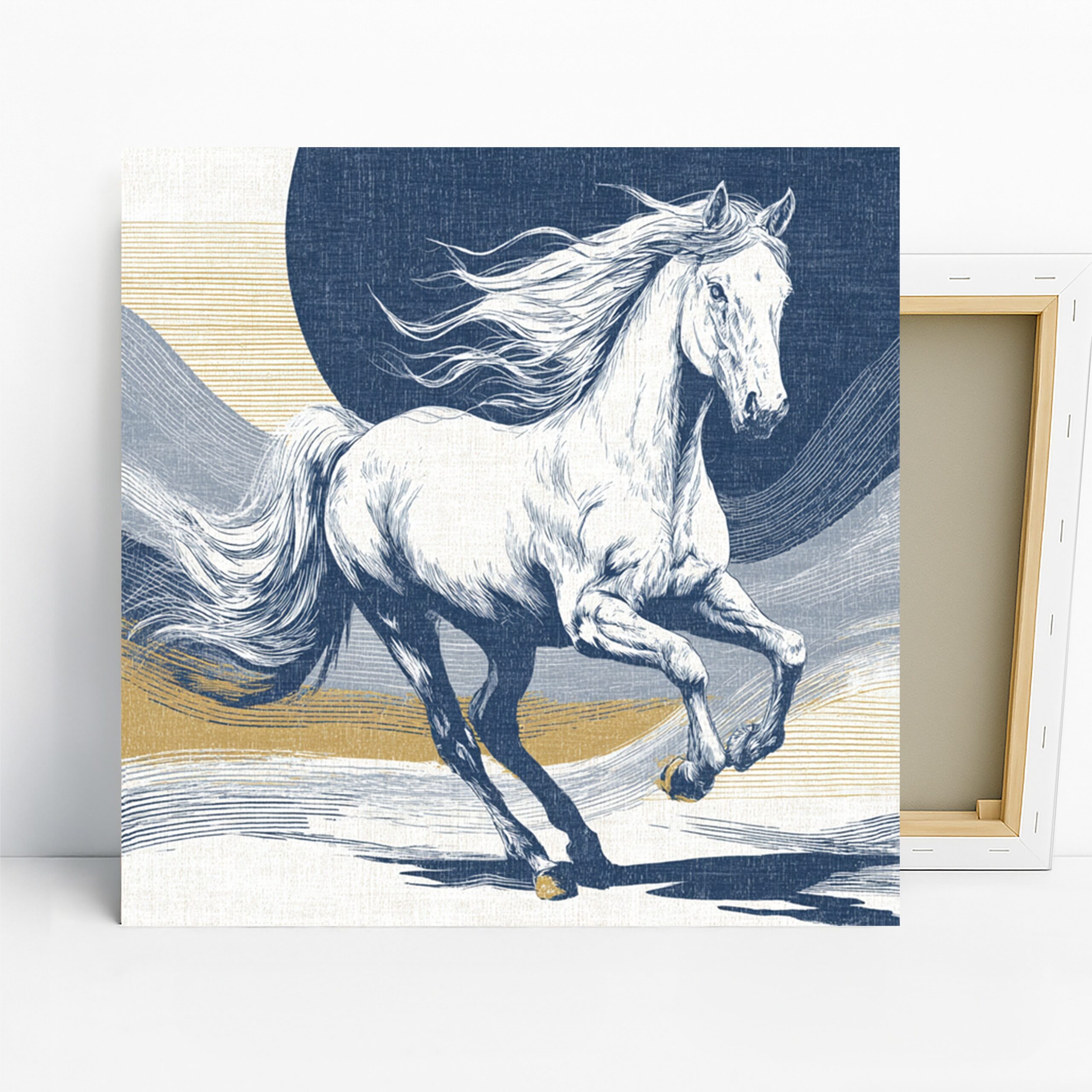 Galloping Horse Art, Canvas or Poster, Animal Contemporary Decor, Living Room Bedroom Office Dining Room Wall Art, White Blue Gold Grey