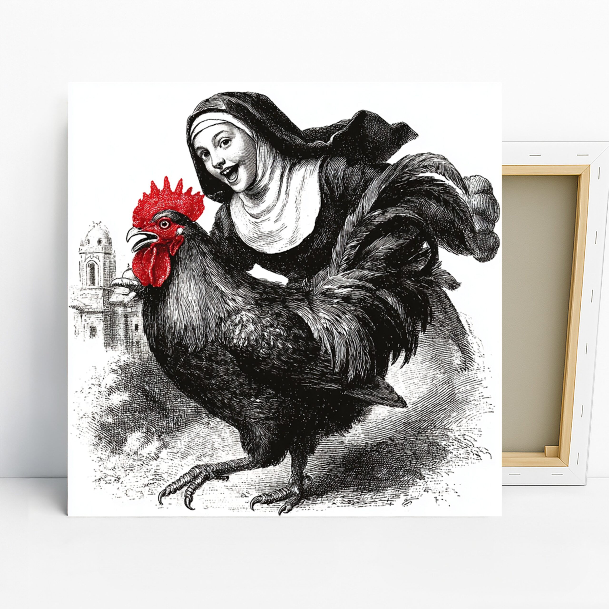 Nun and Rooster Art, Canvas or Poster, Vintage Whimsical Decor, Kitchen Dining Room Living Room Wall Art, Black White Red