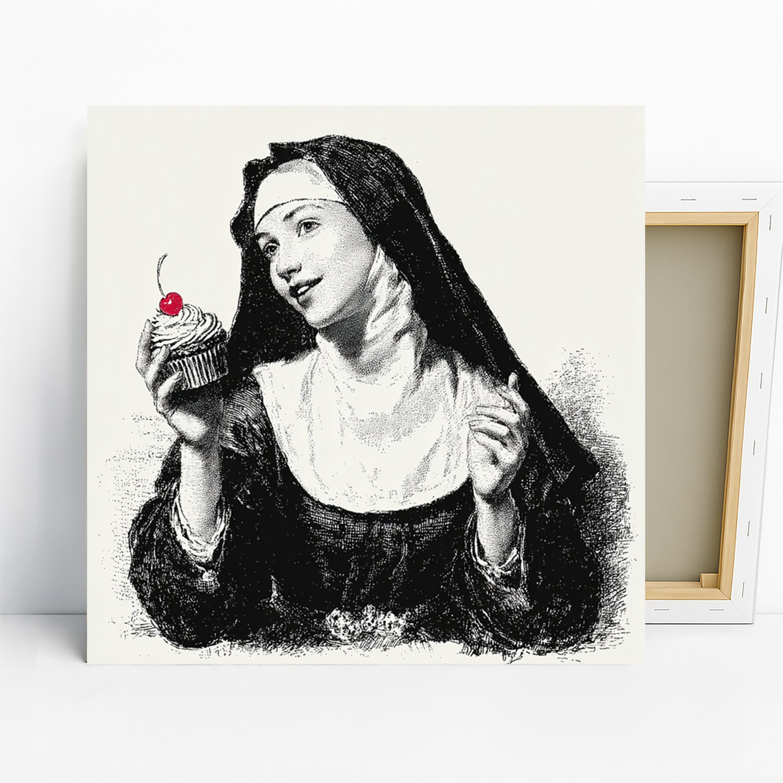 Nun with Cupcake Art, Canvas or Poster, Vintage Whimsical Decor, Kitchen Dining Room Office Bedroom Wall Art, Black White Red