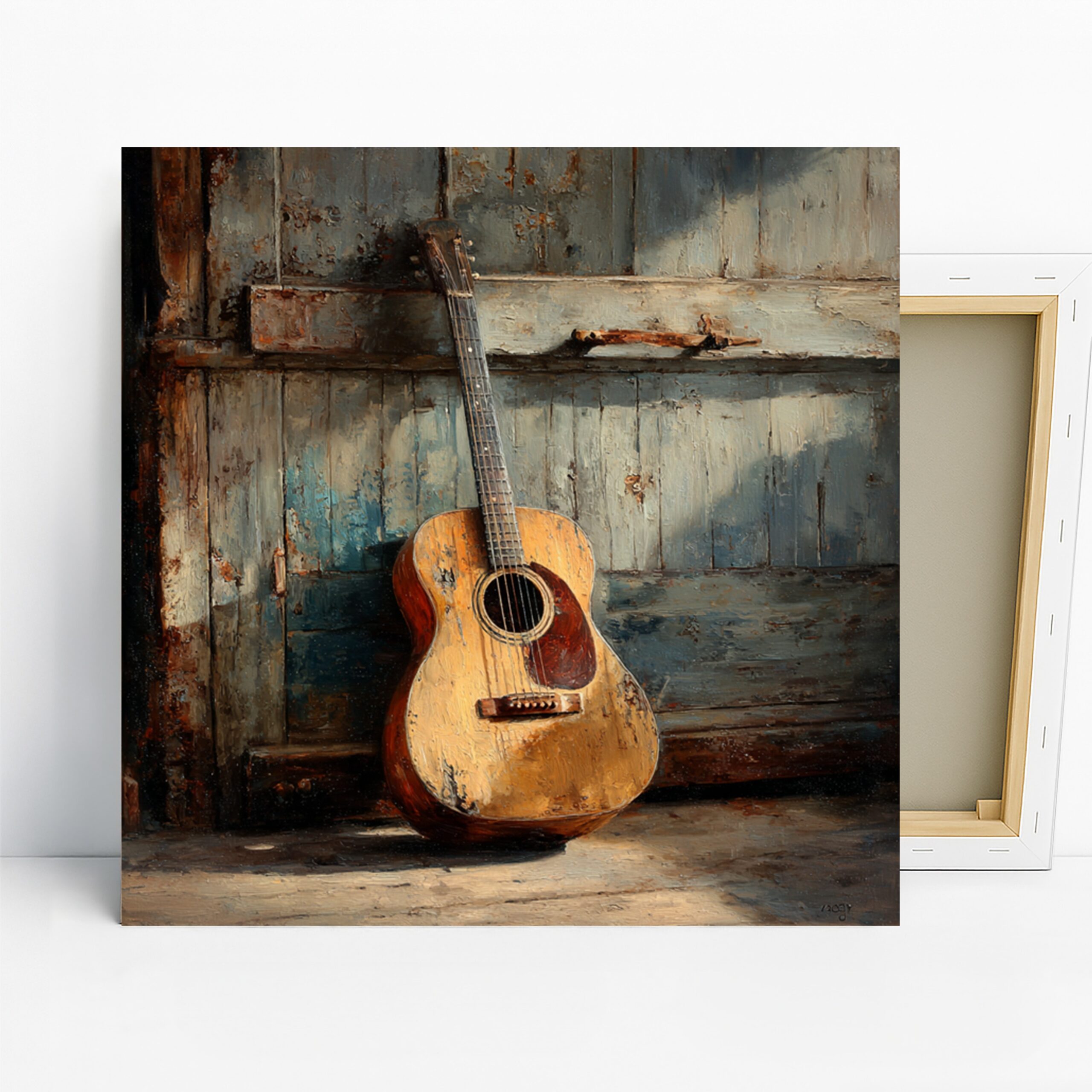 Rustic Guitar Art, Canvas or Poster, Vintage Country Decor, Living Room Bedroom Office Music Room Wall Art, Brown Beige Blue and White
