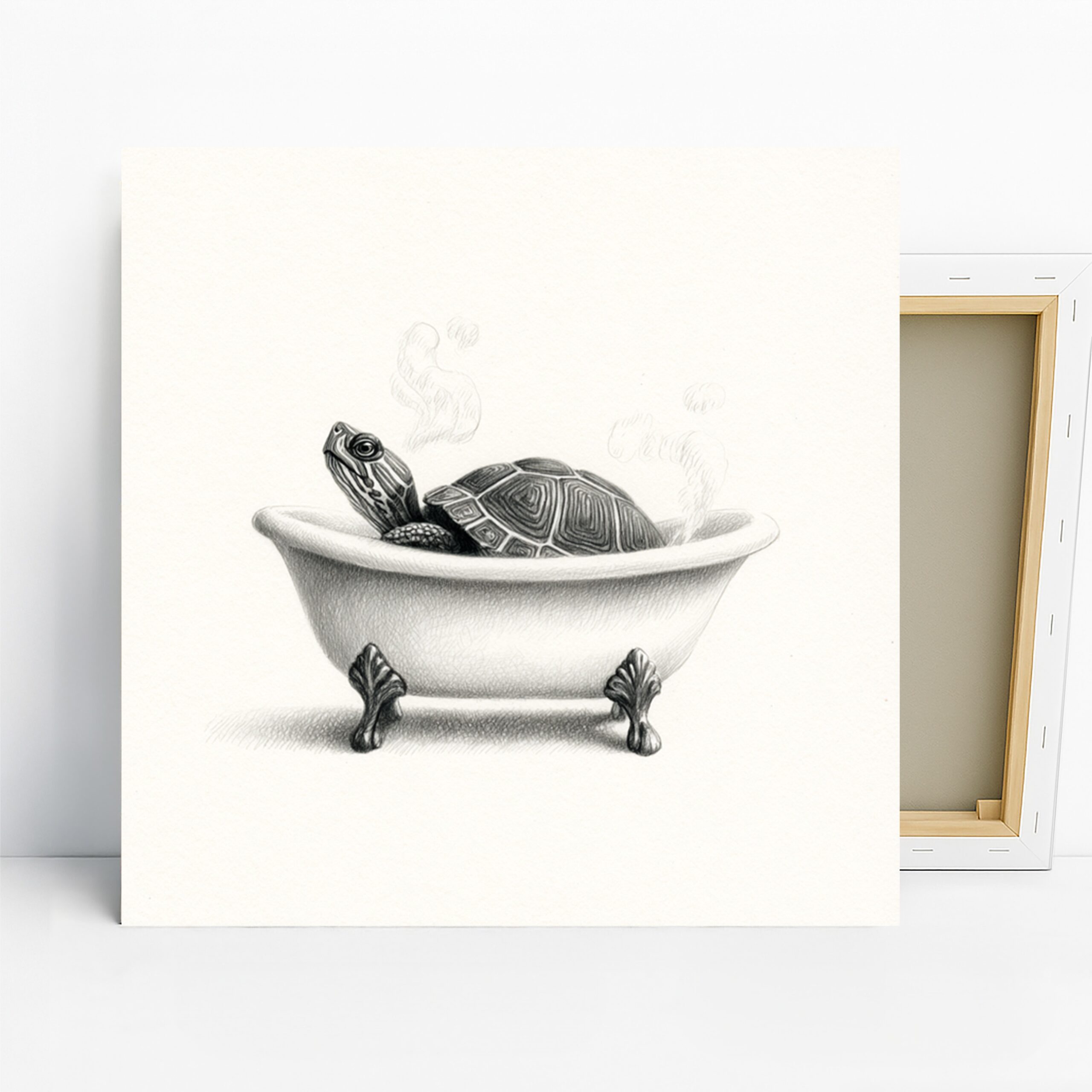 Turtle Bath Time Art, Canvas or Poster, Nature Whimsical Decor, Bathroom Bedroom Living Room Office Wall Art, Black White Grey