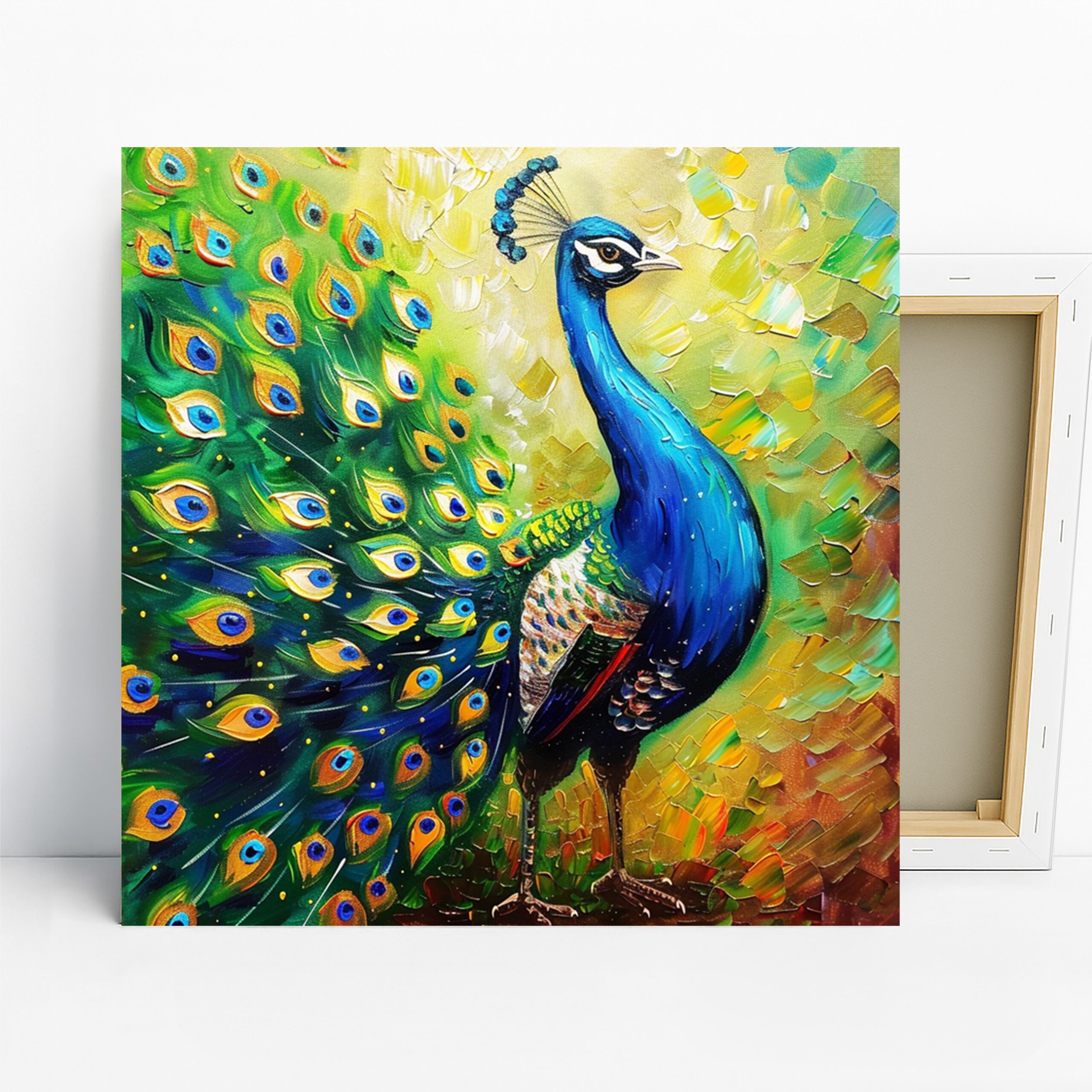 Peacock Art, Canvas or Poster, Contemporary Nature Decor, Living Room Bedroom Dining Room Wall Art, Blue Green Yellow Gold