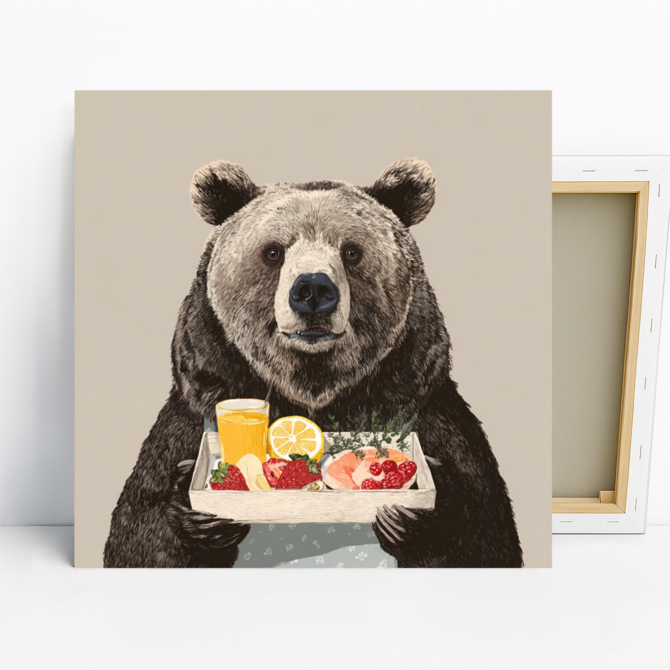Bear Breakfast Art, Canvas or Poster, Contemporary Rustic Minimalist Decor, Kitchen Dining Room Living Room Wall Art, Brown Beige Yellow Red